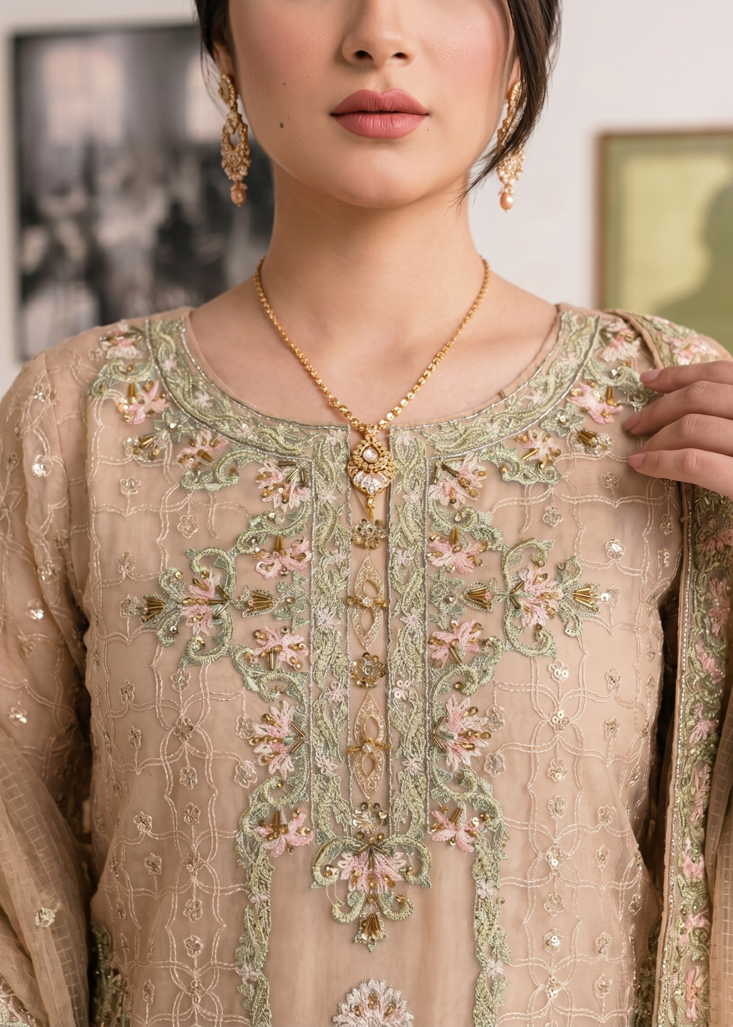 Embroidered Peach Organza Party Wear Suit Online in UK USA Canada