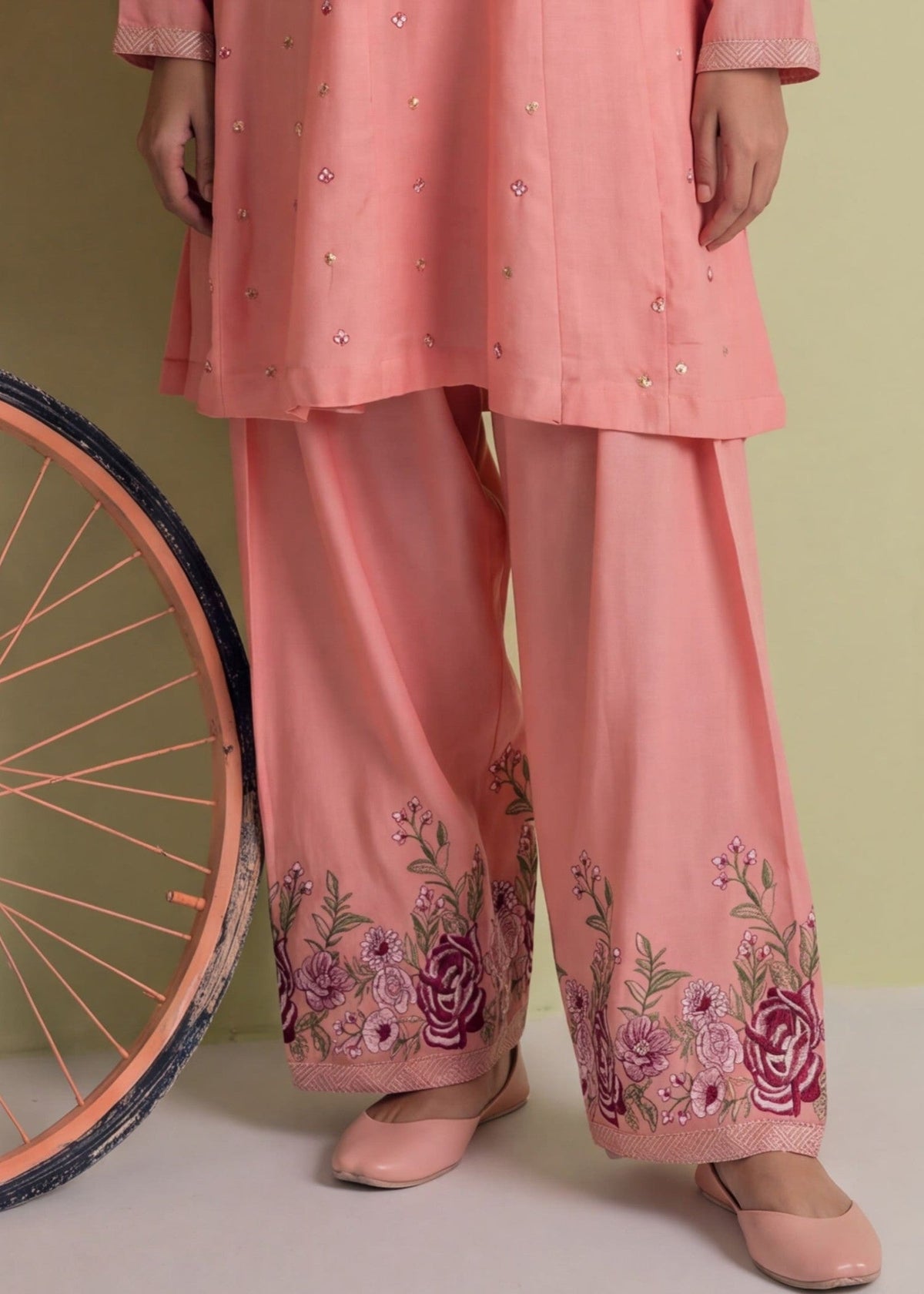 Embroidered Peach Pink Dhanak Frock with Shalwar Online in Dubai DXB UAE Abudhabi Meena Bazaar