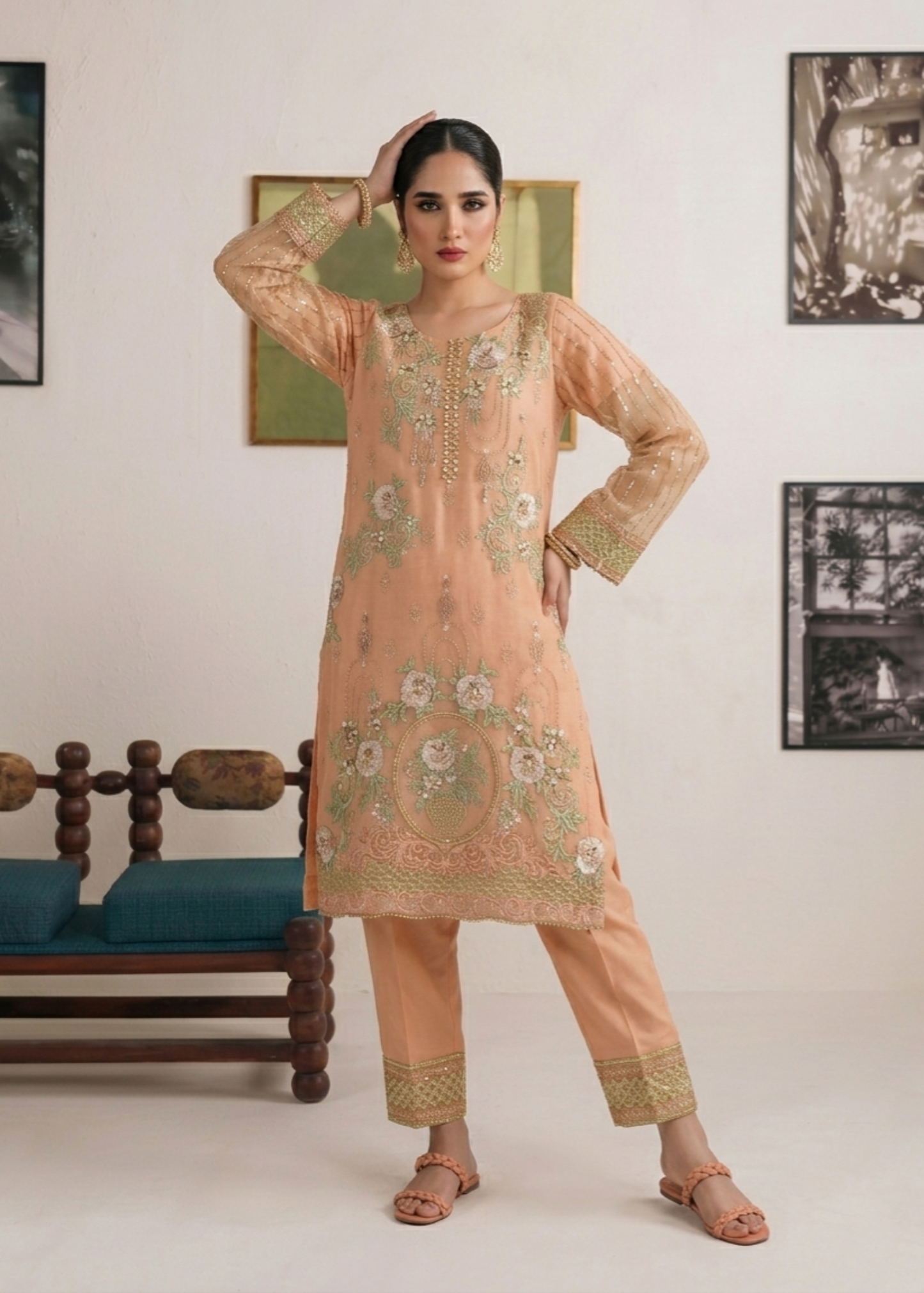 Embroidered Peach Pink Festive Wear Suit Online in UK USA Canada