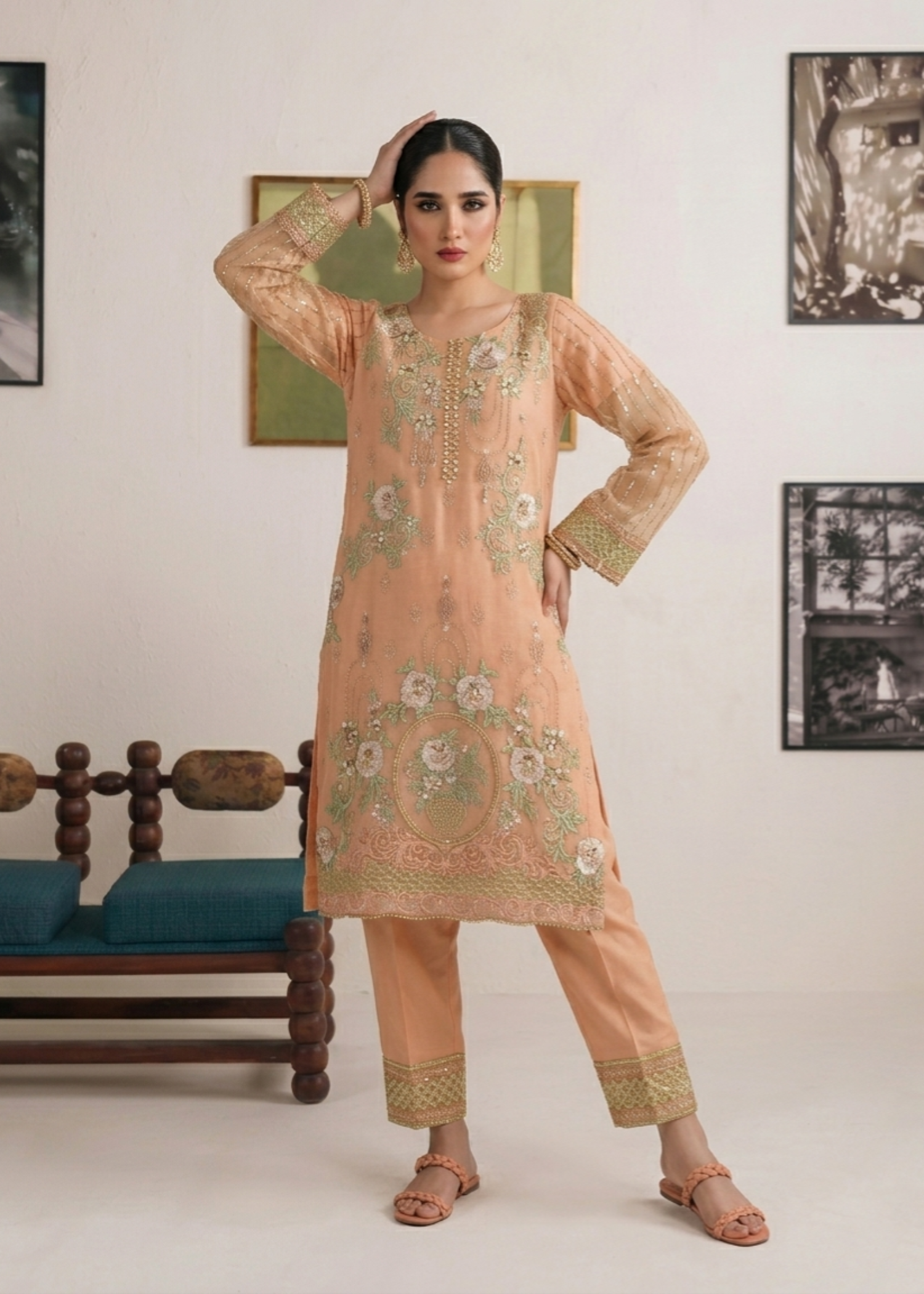 Embroidered Peach Pink Festive Wear Suit Online in UK USA Canada