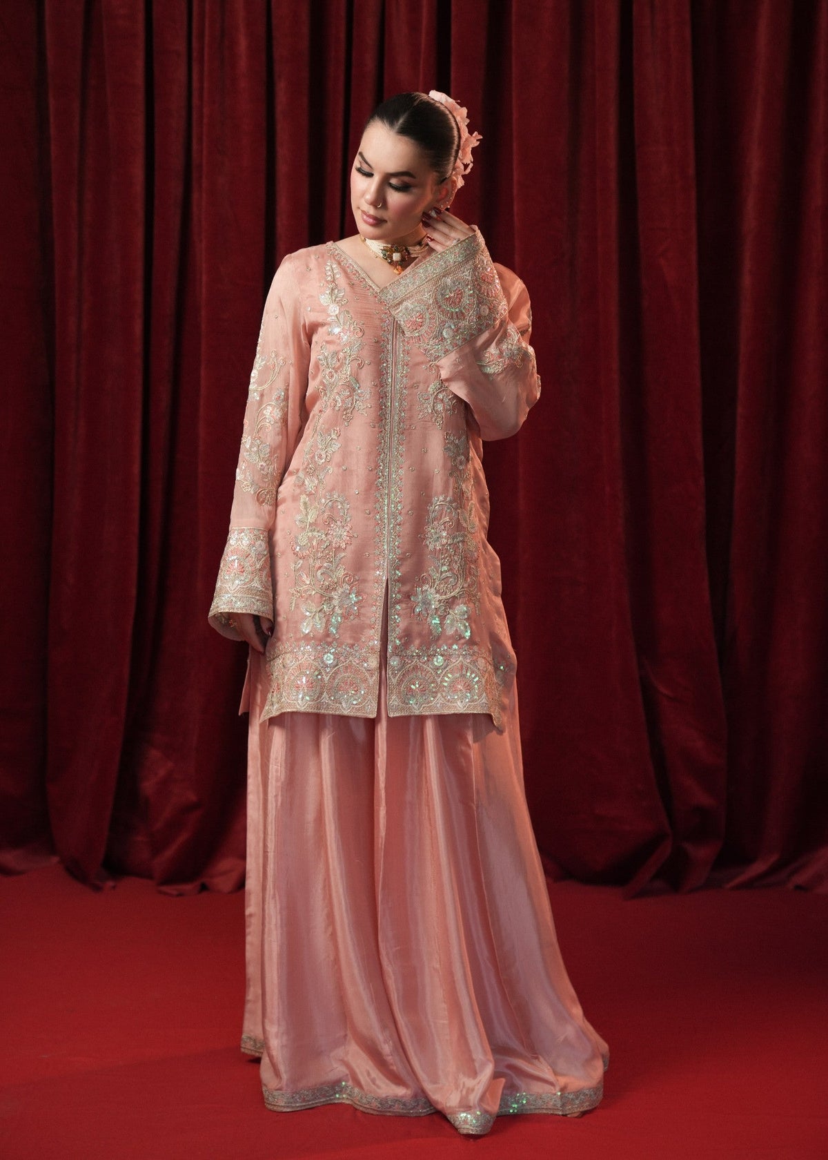 Embroidered Peach Pink Georgette Chiffon Designer Salwar Kameez Online in Dubai DXB UAE Abudhabi Meena Bazaar