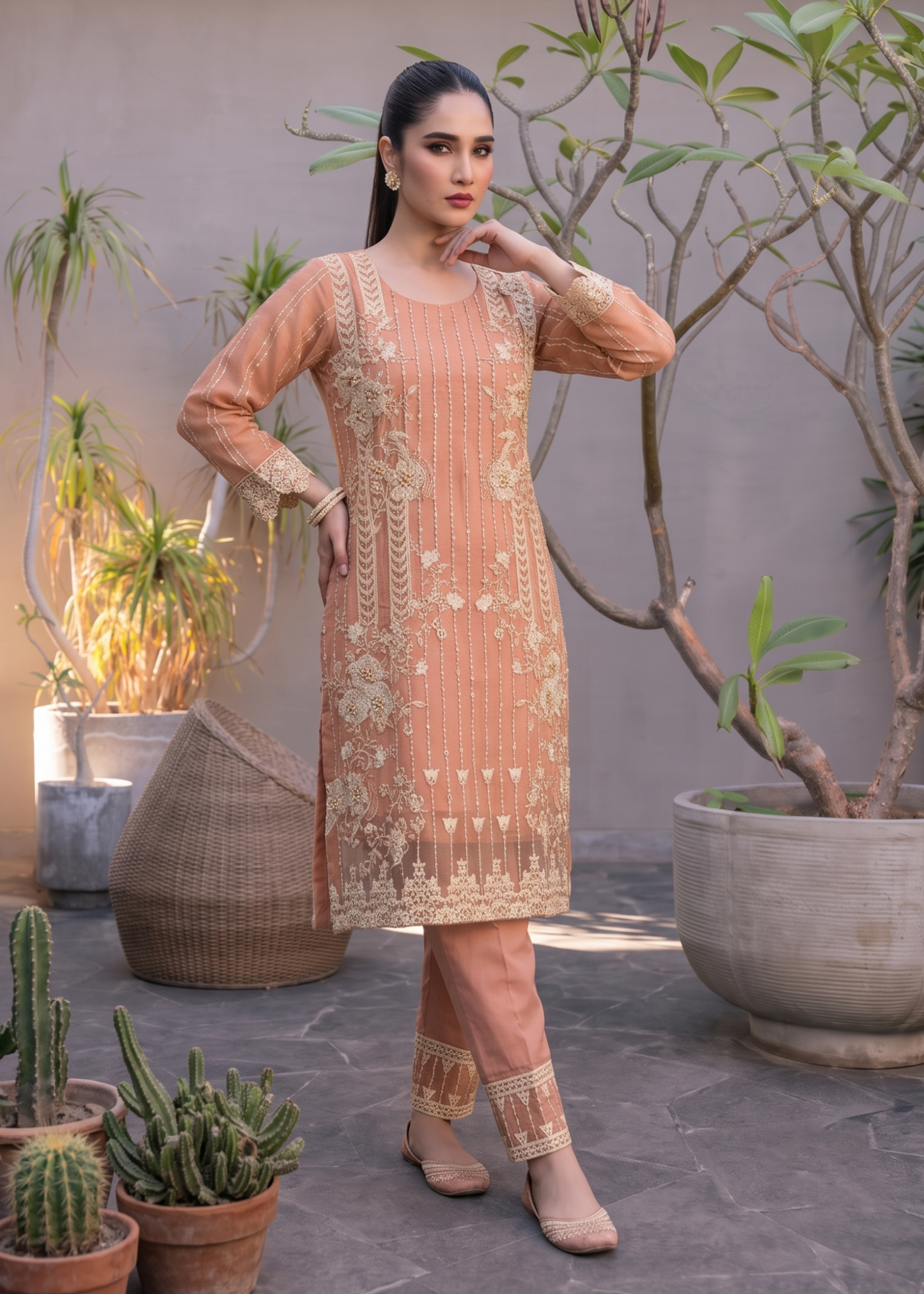 Embroidered Peach Pink Organza Festive Wear Online in Sri Lanka India Australia