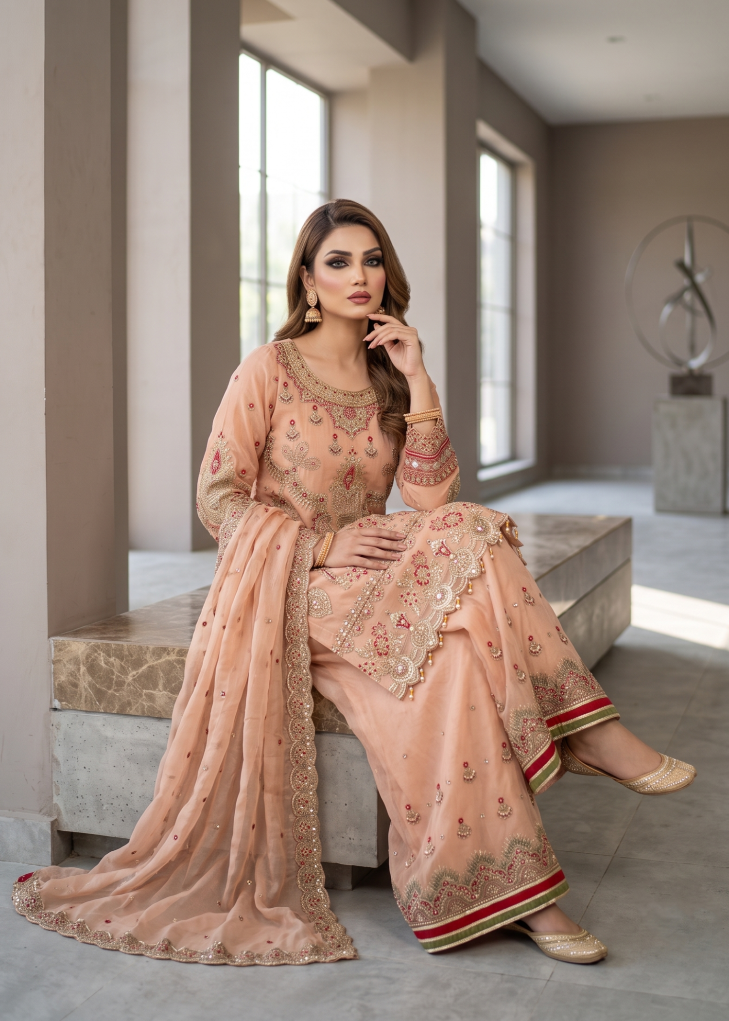 Embroidered Peach Pink Sharara Gharara Online in UK USA Canada