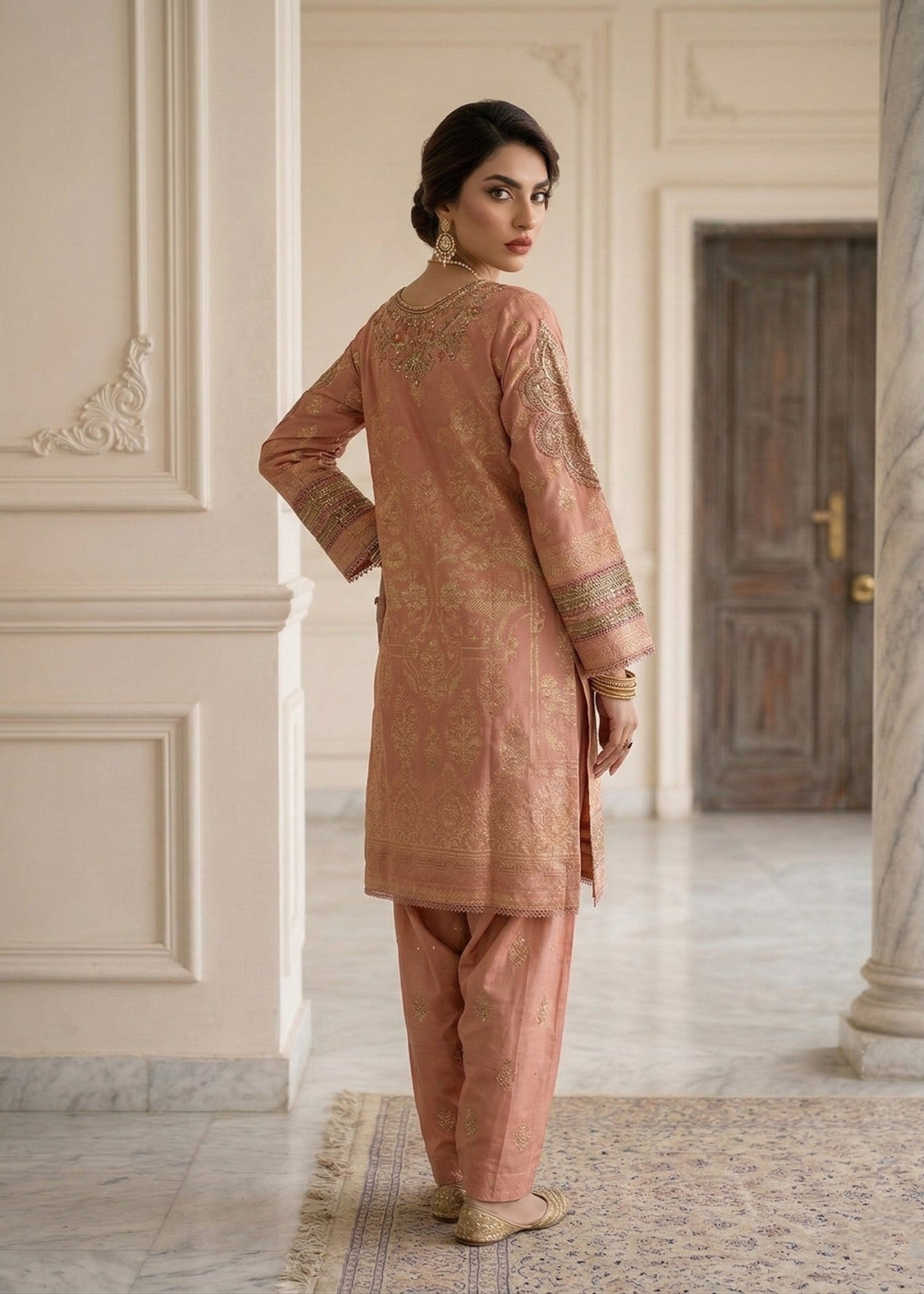 Embroidered Peach Shalwar Kameez Online in KSA Riyadh Saudi Arabia Oman Bahrain Qatar
