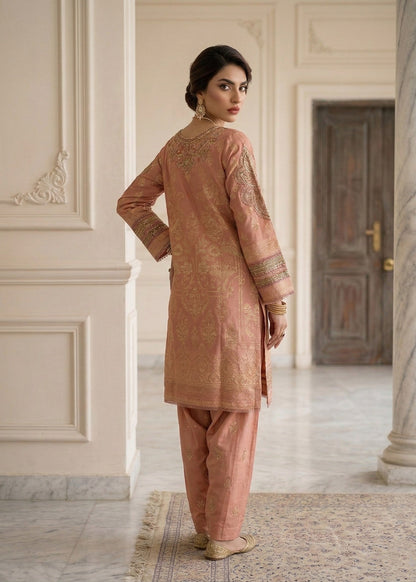 Embroidered Peach Shalwar Kameez Online in KSA Riyadh Saudi Arabia Oman Bahrain Qatar