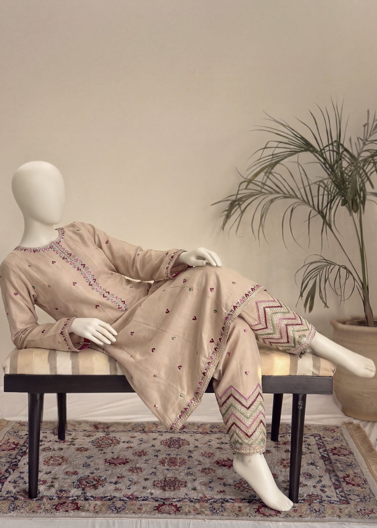 Embroidered Pearl White Dhanak A-Line Frock Ladies Salwar Kameez Online in KSA Riyadh Saudi Arabia Oman Bahrain Qatar