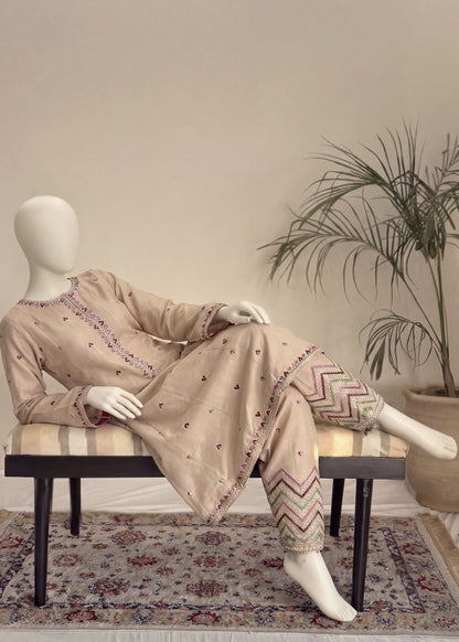 Embroidered Pearl White Dhanak A-Line Frock Ladies Salwar Kameez Online in KSA Riyadh Saudi Arabia Oman Bahrain Qatar