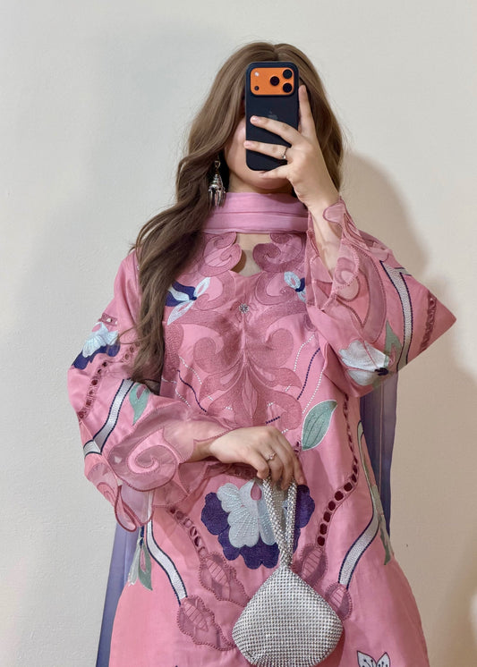 Embroidered Petal Pink Lawn Short Kurta Chiffon Dupatta Online in Sri Lanka India Australia