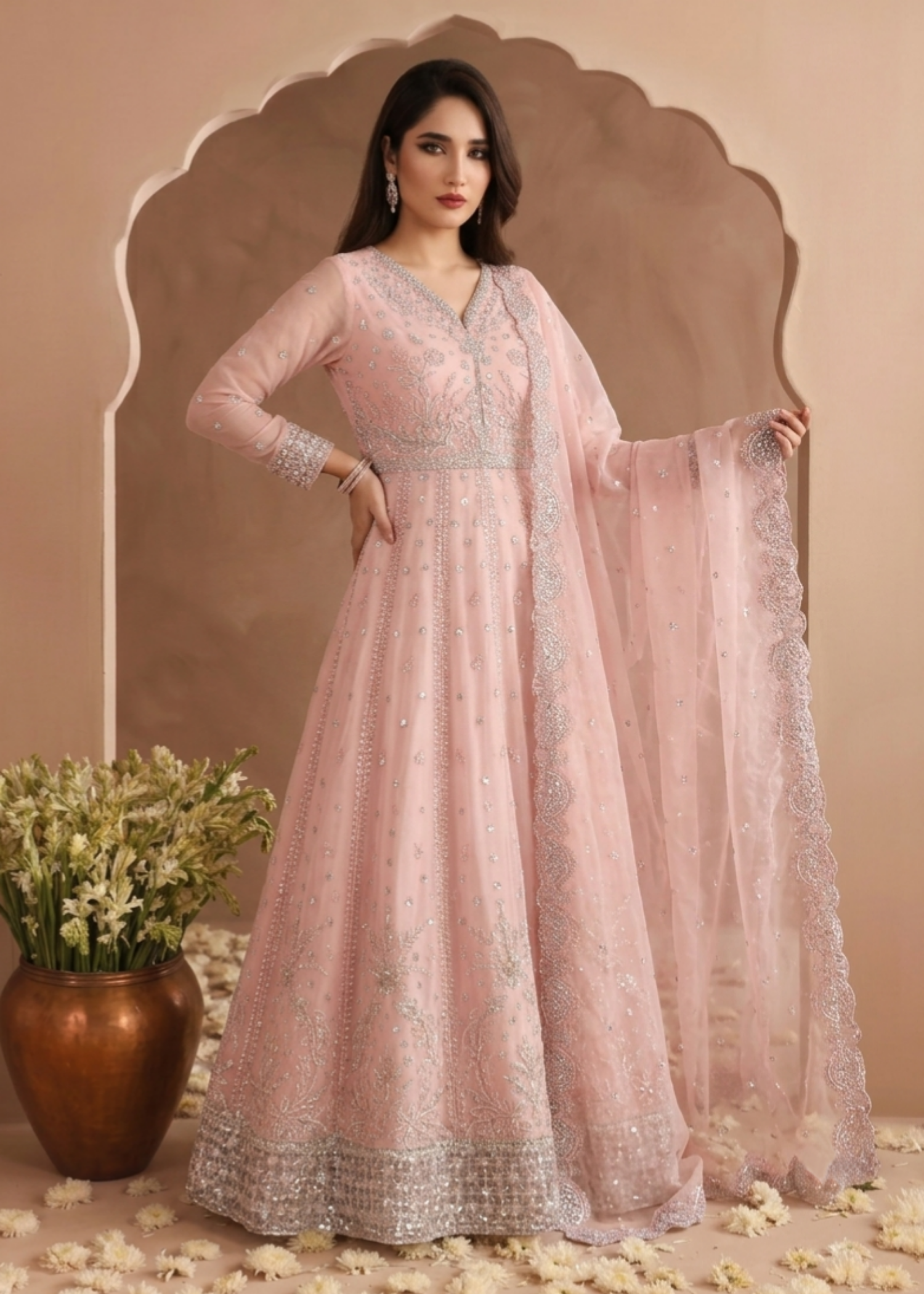 Embroidered Pink Chiffon Maxi Dress for Women Online in Dubai UAE Abudhabi Ajman Sharjah