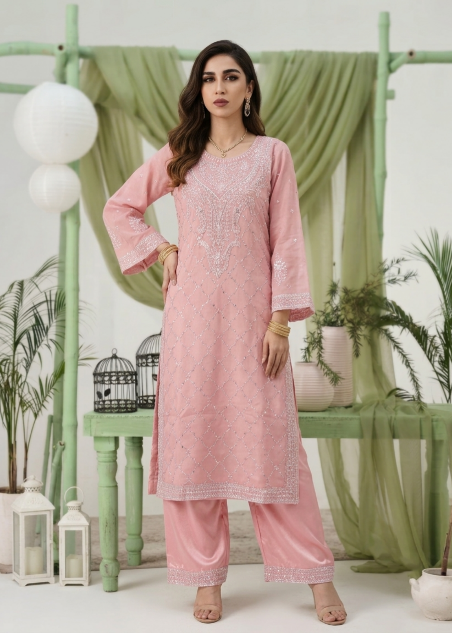 Embroidered Pink Chiffon Pakistani Designer Salwar Suit Online in KSA Riyadh Saudi Arabia Oman Bahrain Qatar