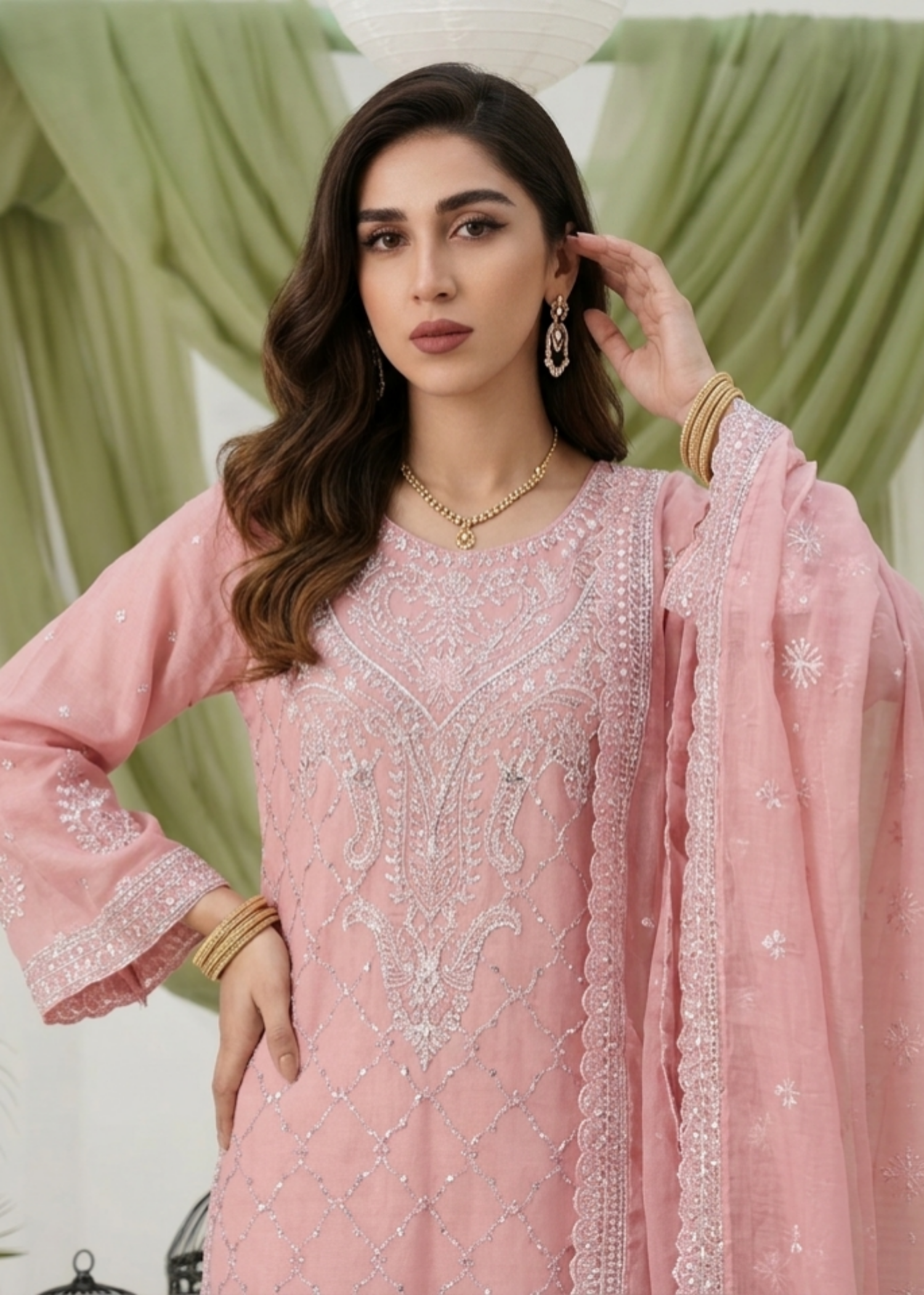 Embroidered Pink Chiffon Pakistani Designer Suit Online in KSA Riyadh Saudi Arabia Oman Bahrain Qatar