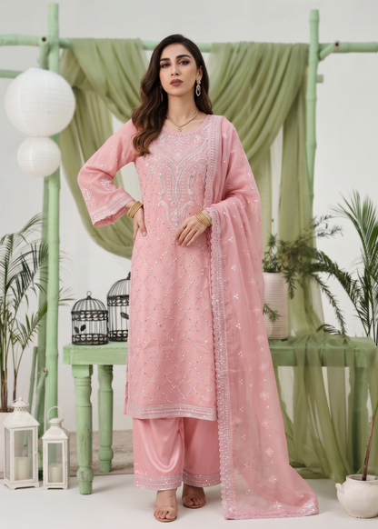 Embroidered Pink Chiffon Pakistani Designer Suit Online in KSA Riyadh Saudi Arabia Oman Bahrain Qatar