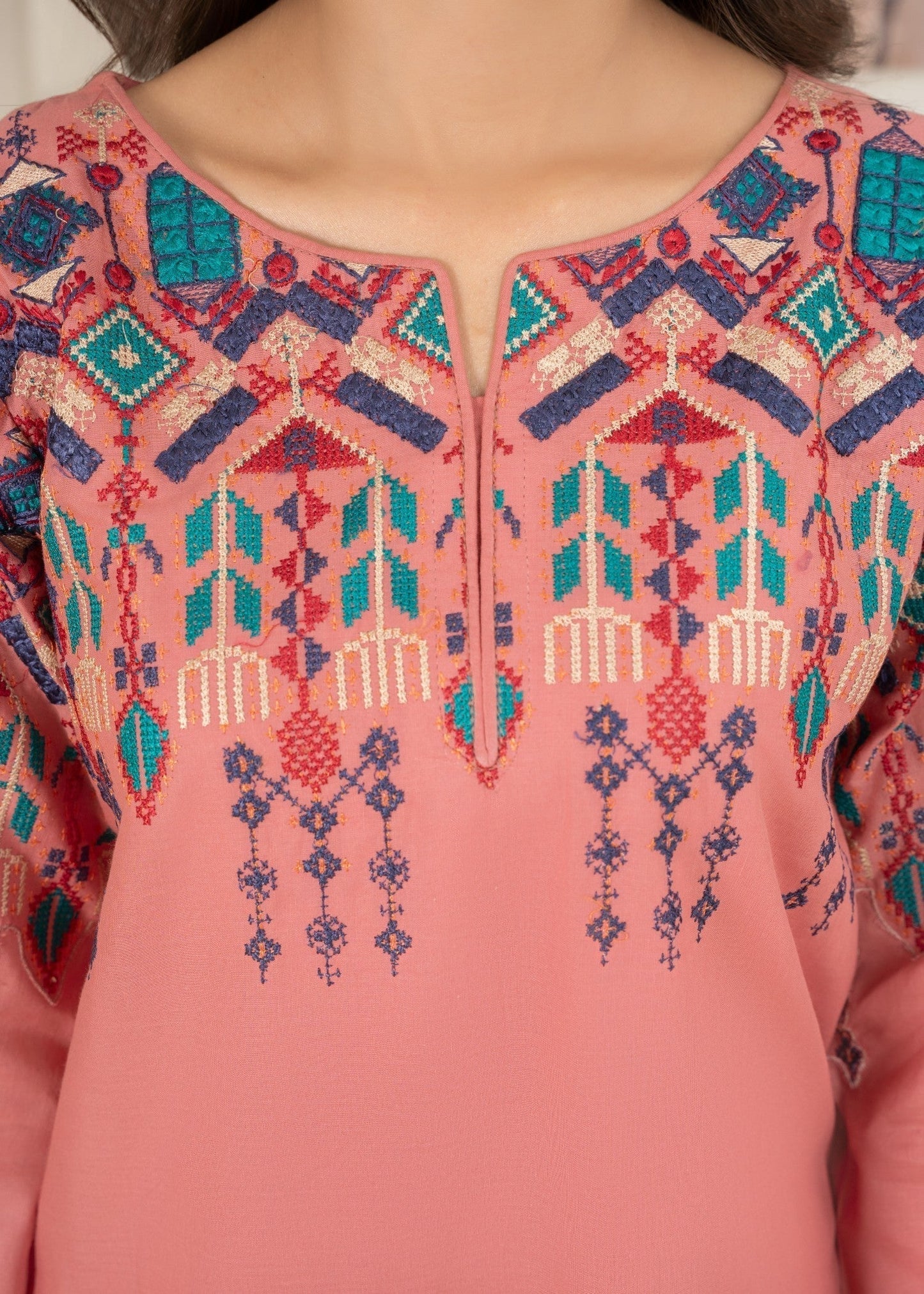 Embroidered Pink Cotton 3 Piece Dress Online in Dubai UAE Abudhabi Ajman Sharjah