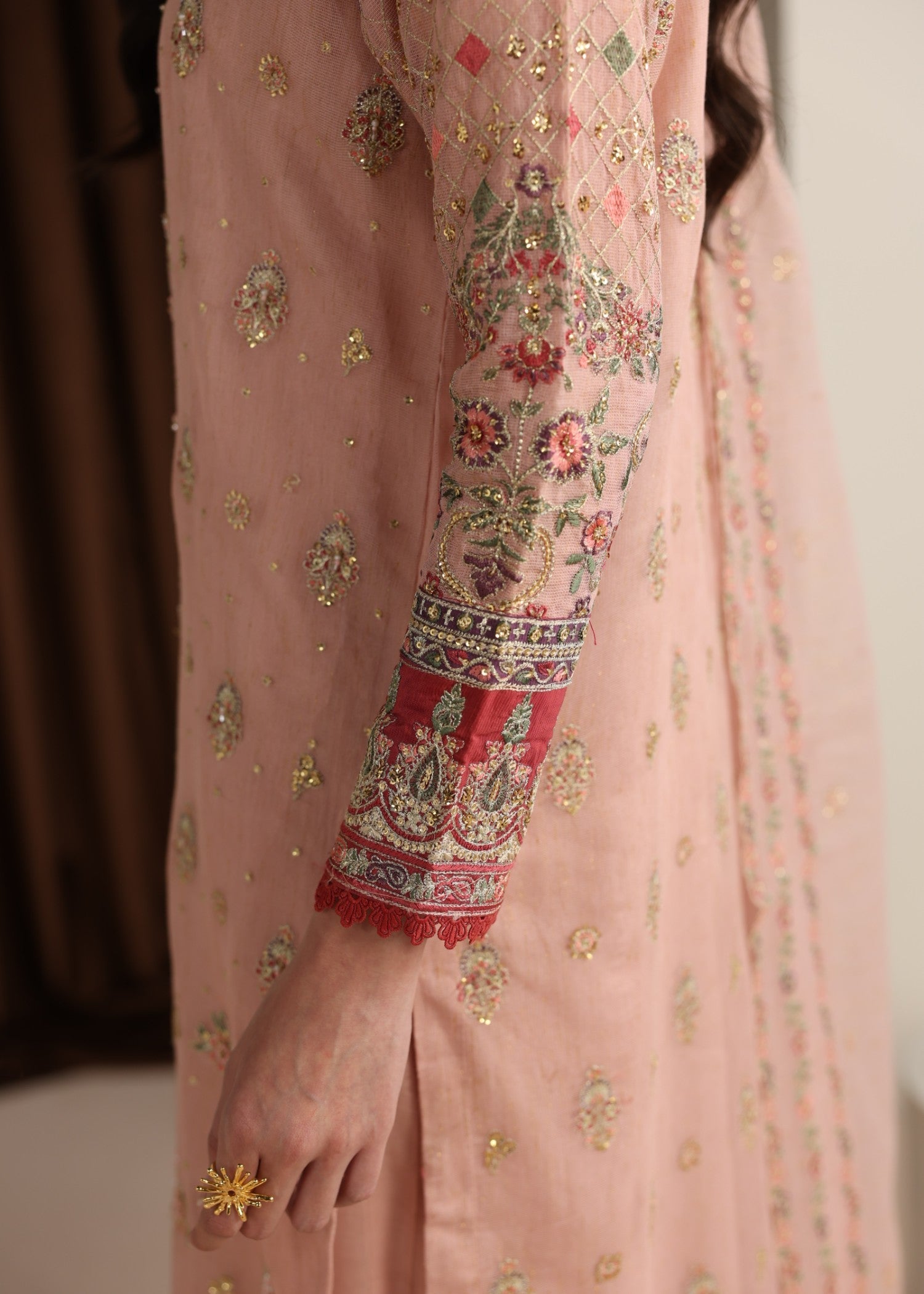 Embroidered Pink Khaddi Net Three Piece Suit Online in Dubai UAE Abudhabi Ajman Sharjah