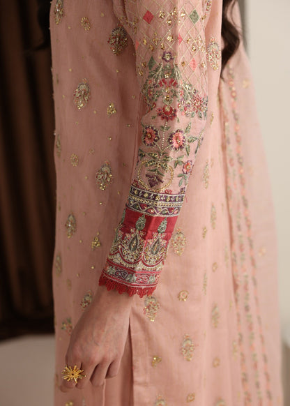 Embroidered Pink Khaddi Net Three Piece Suit Online in Dubai UAE Abudhabi Ajman Sharjah
