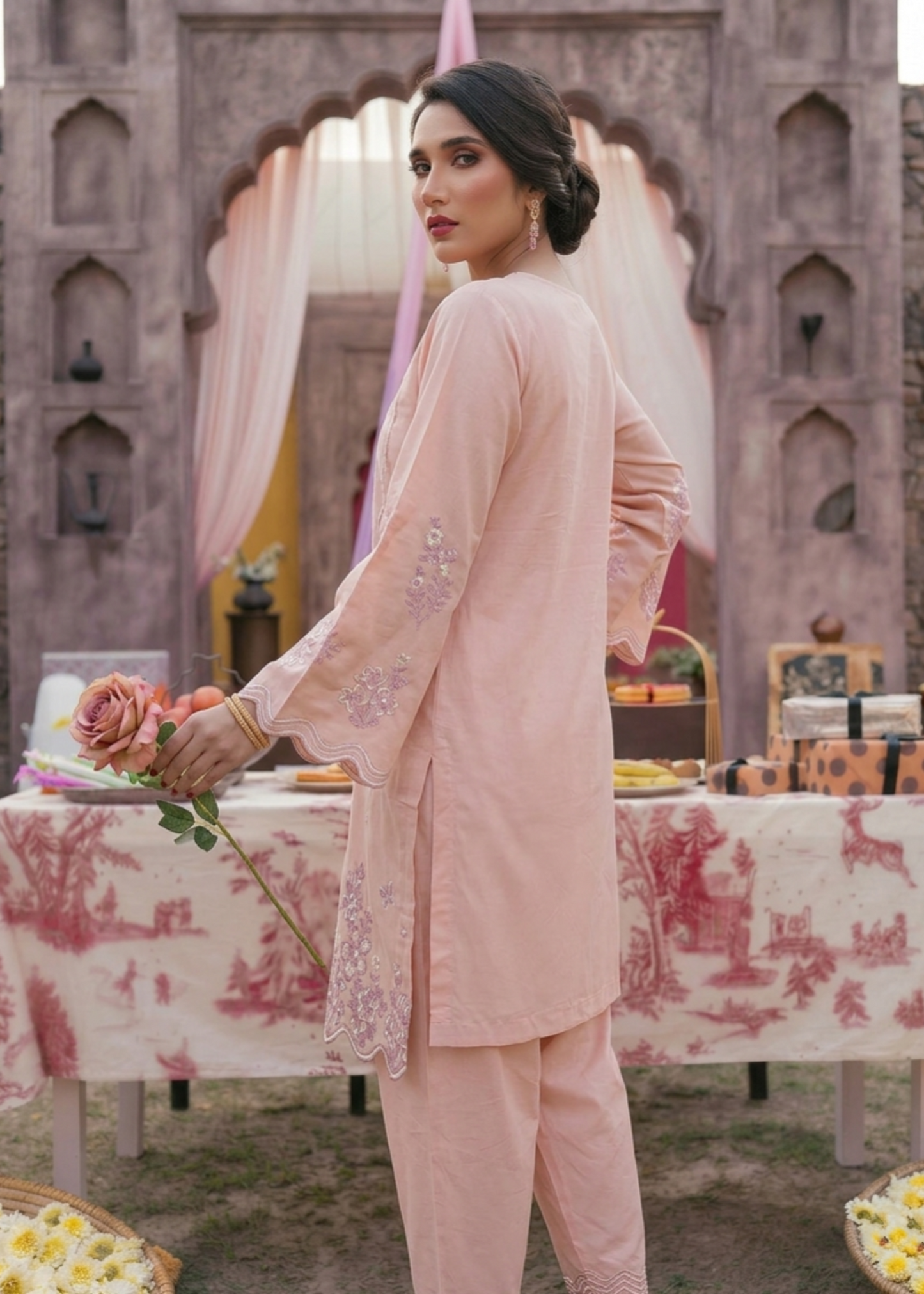 Embroidered Pink Lawn 3 Piece Dress Online in Dubai UAE Abudhabi Ajman Sharjah