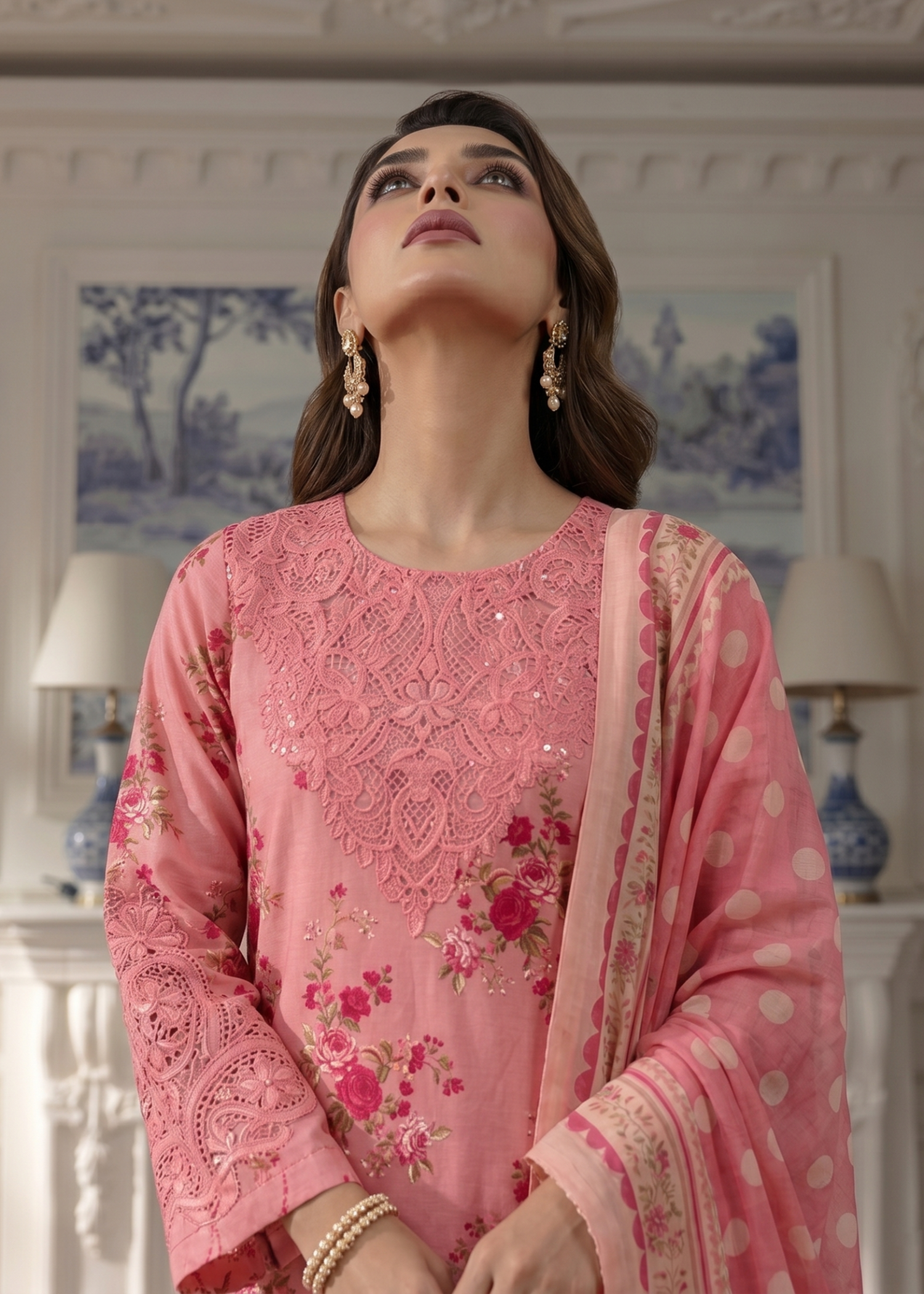 Embroidered Pink Lawn Dress Material Online in Dubai DXB UAE Abudhabi Meena Bazaar