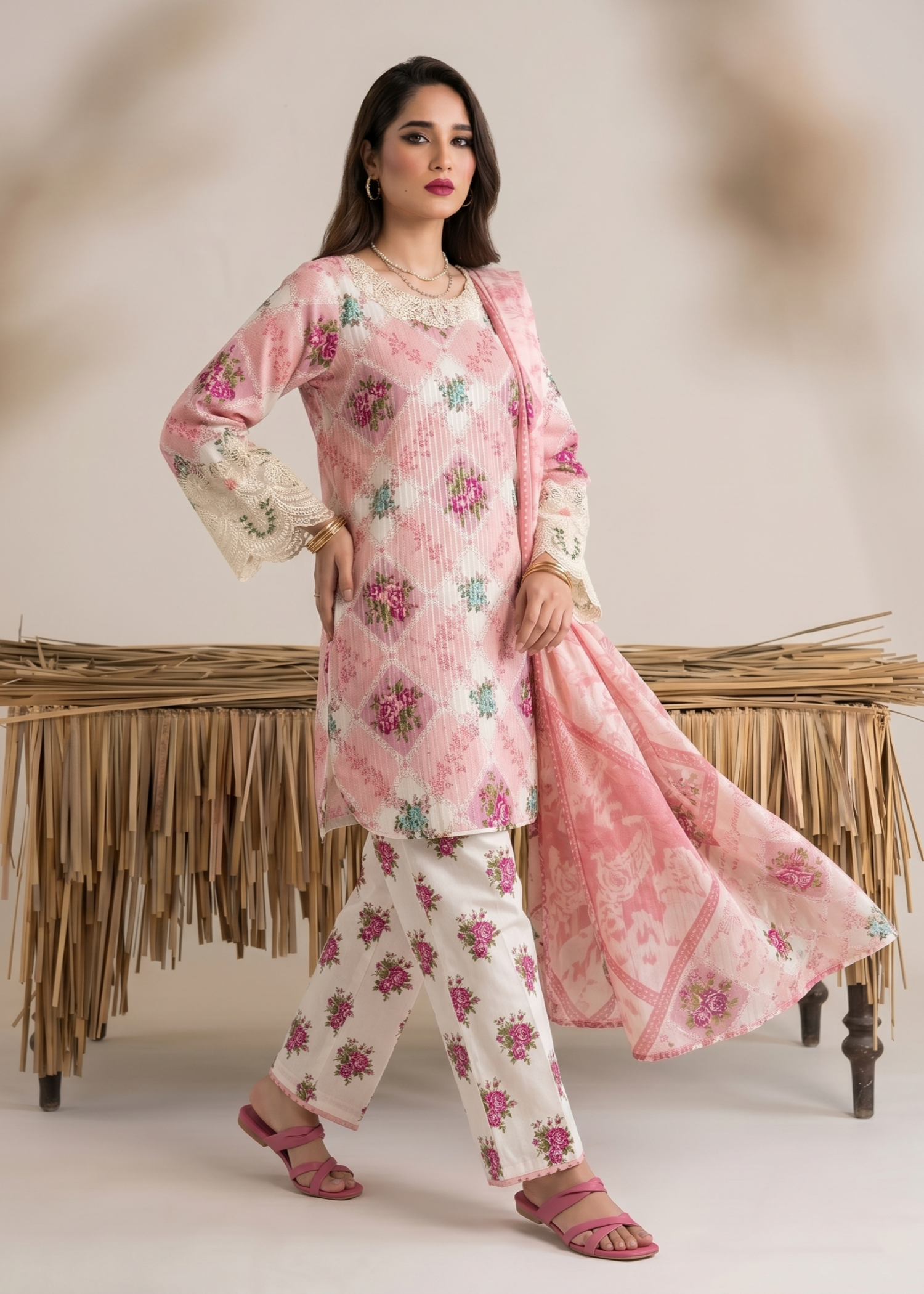 Embroidered Pink Lawn Kurta Online in Dubai DXB UAE Abudhabi Meena Bazaar