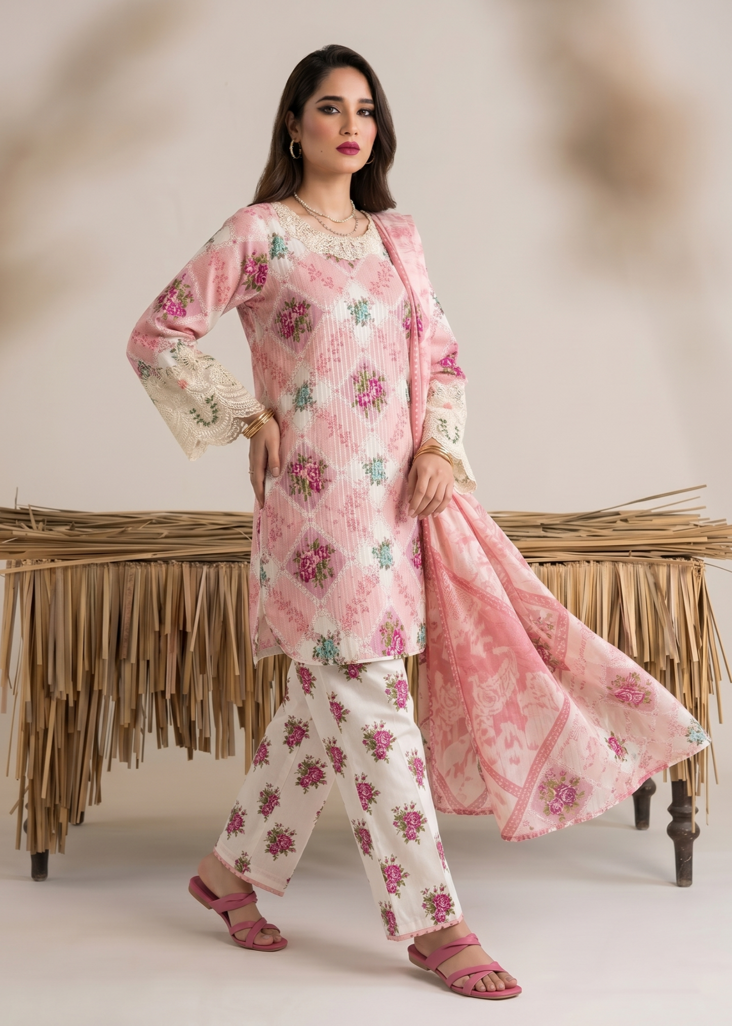 Embroidered Pink Lawn Kurta Online in Dubai DXB UAE Abudhabi Meena Bazaar