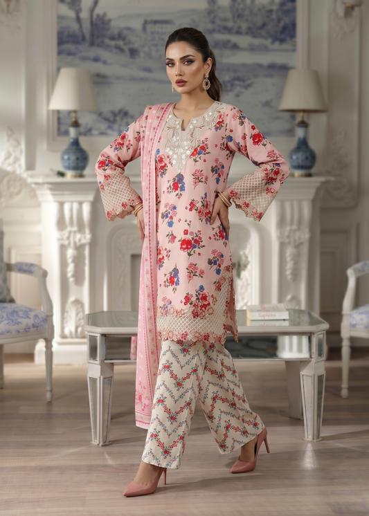 Embroidered Pink Lawn Three Piece Suit Online in Dubai DXB UAE Abudhabi Meena Bazaar