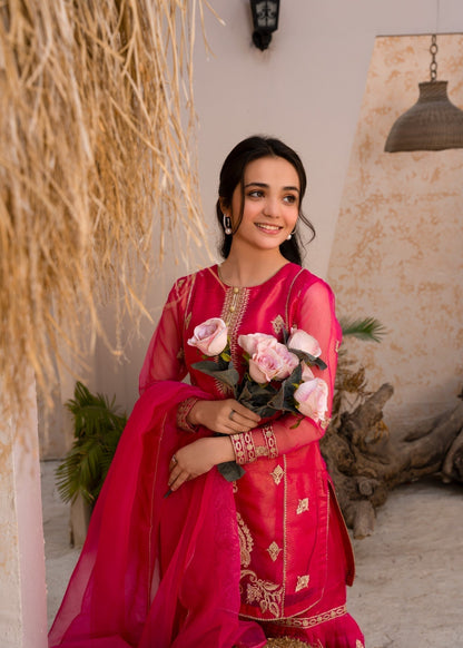 Embroidered Pink Organza Gharara Top Bottom Dupatta Online in Dubai UAE Abudhabi Ajman Sharjah