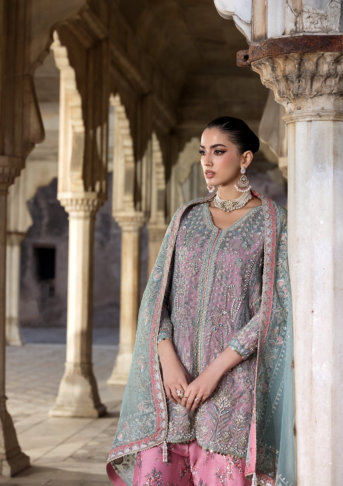 Embroidered Pink Organza Kurti Sharara Set Online in Dubai DXB UAE Abudhabi Meena Bazaar