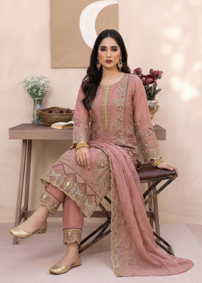 Embroidered Pink Organza Party Wear Salwar Kameez Online in KSA Riyadh Saudi Arabia Oman Bahrain Qatar