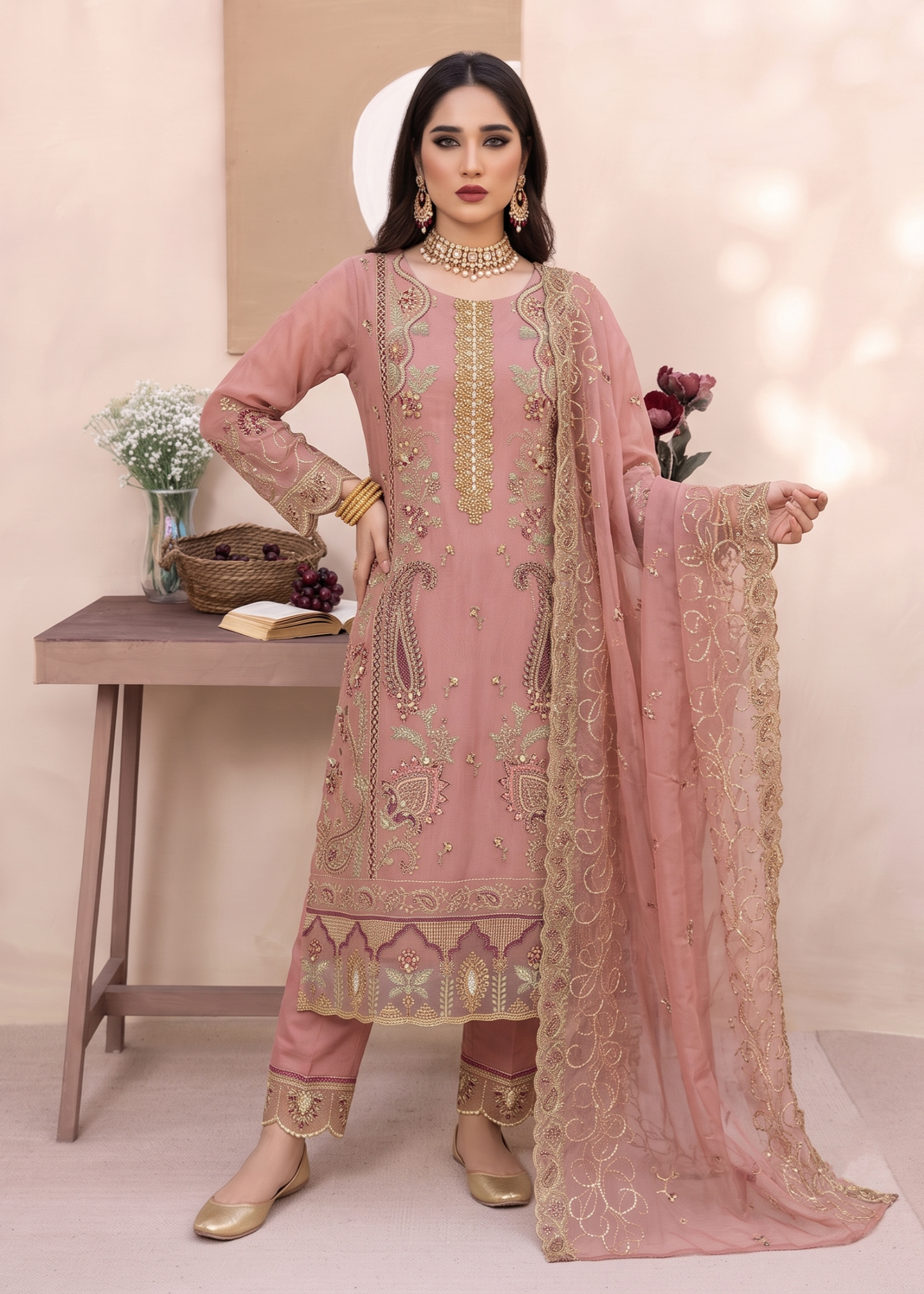 Embroidered Pink Organza Salwar Kameez Online in KSA Riyadh Saudi Arabia Oman Bahrain Qatar
