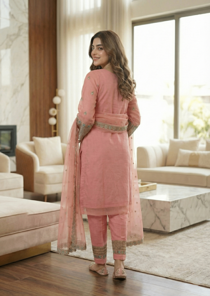 Embroidered Pink Straight Kurta Trouser Dupatta Online in Dubai DXB UAE Abudhabi Meena Bazaar