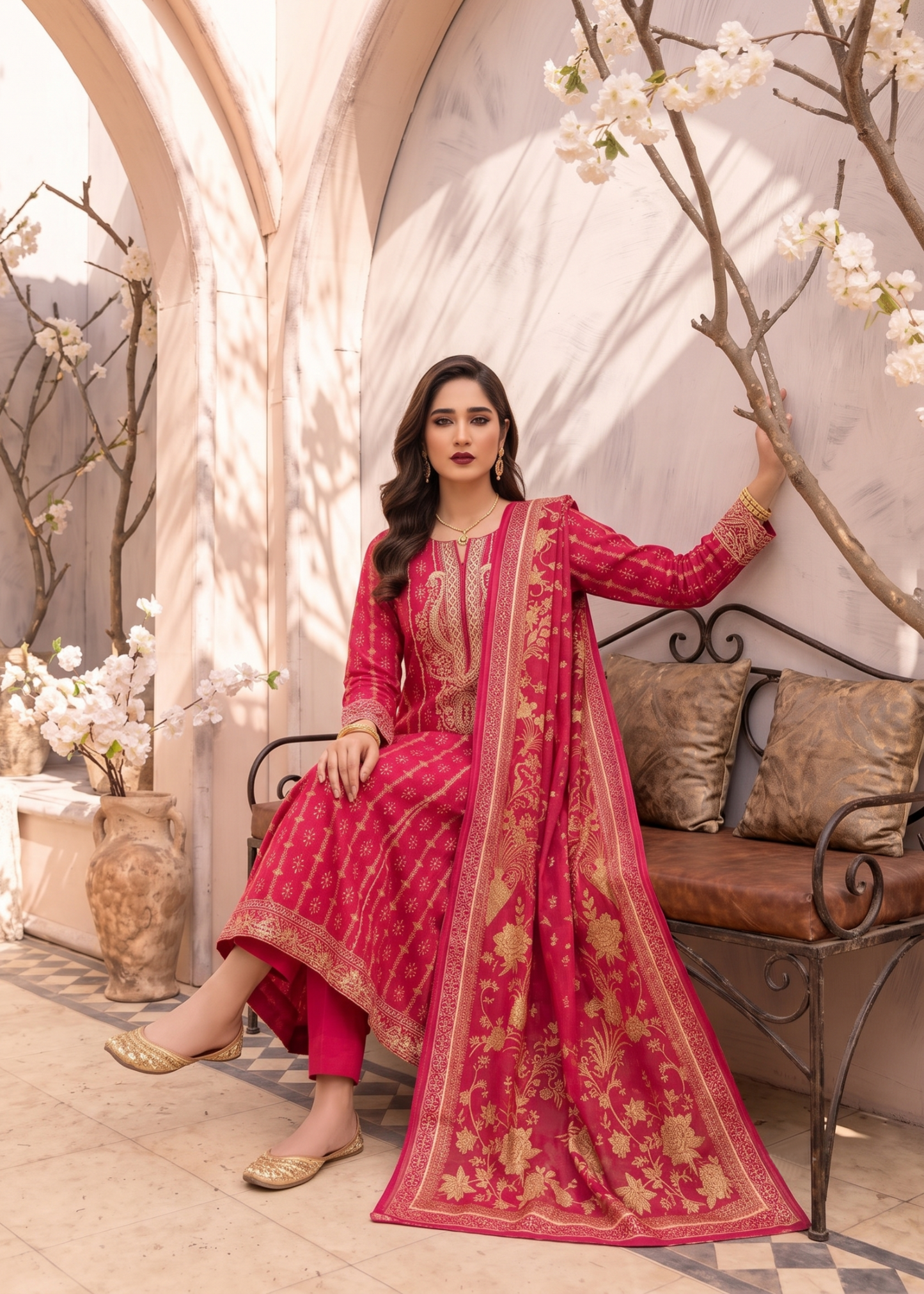 Embroidered Pishwas Suit in Shocking Pink Online in Dubai UAE Abudhabi Ajman Sharjah