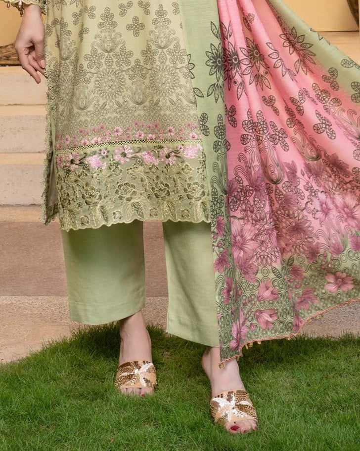 Embroidered Pistachio Dhanak 3PC Suit Online in KSA Riyadh Saudi Arabia Oman Bahrain Qatar