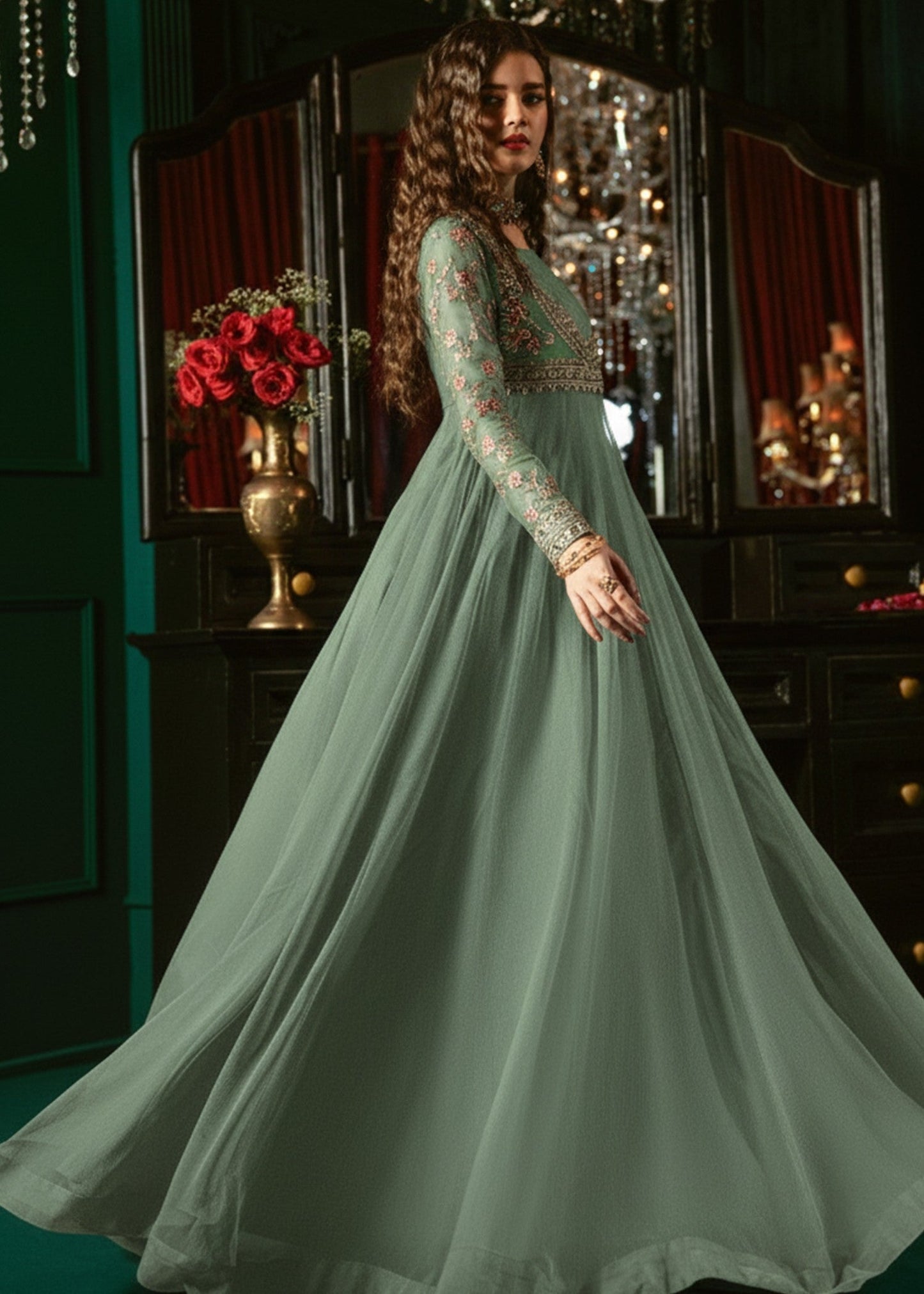 Embroidered Pistachio Green Chiffon Party Wear Suit Online in Dubai UAE Abudhabi Ajman Sharjah