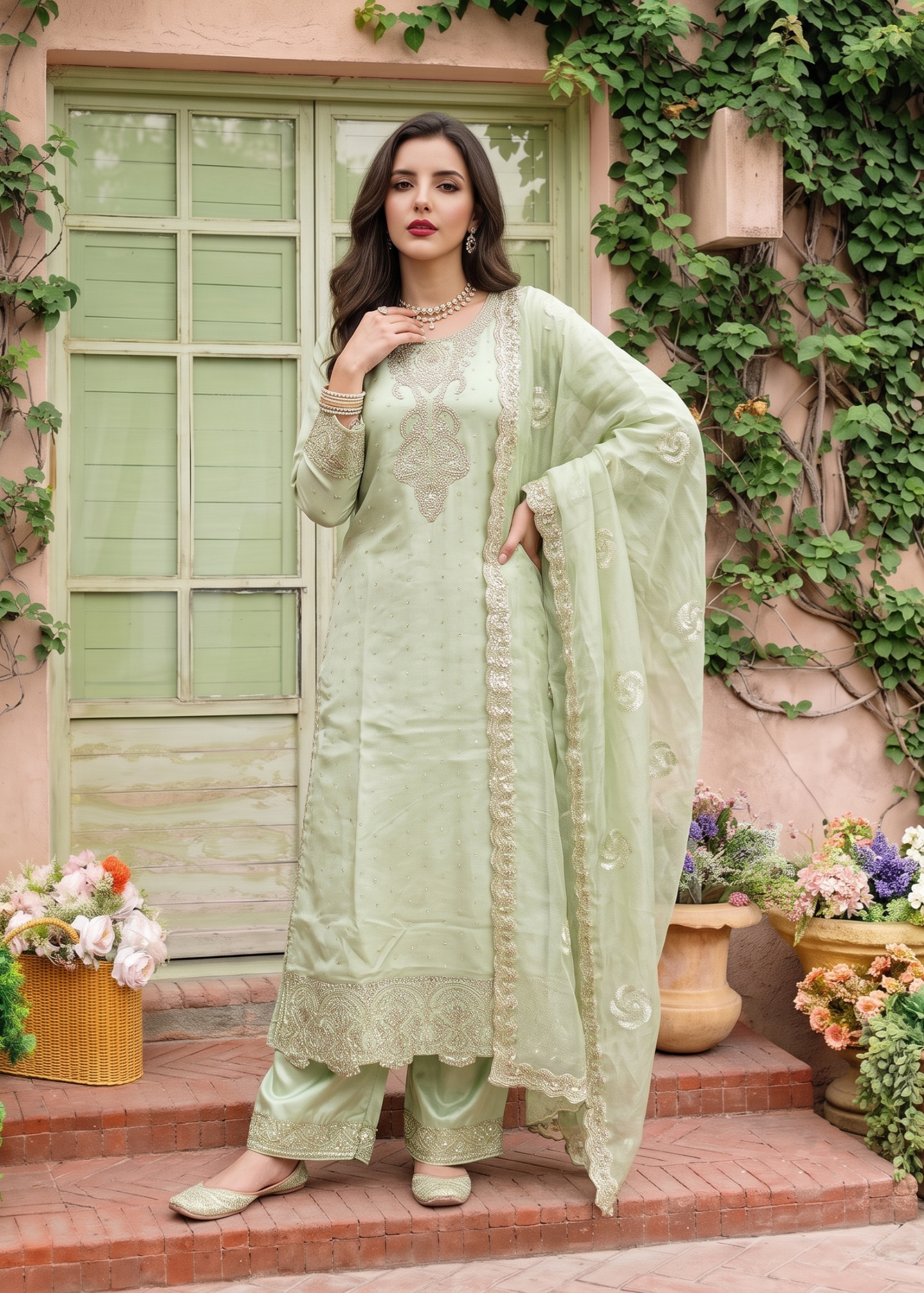 Embroidered Pistachio Green Chiffon Salwar Kameez Online in KSA Riyadh Saudi Arabia Oman Bahrain Qatar