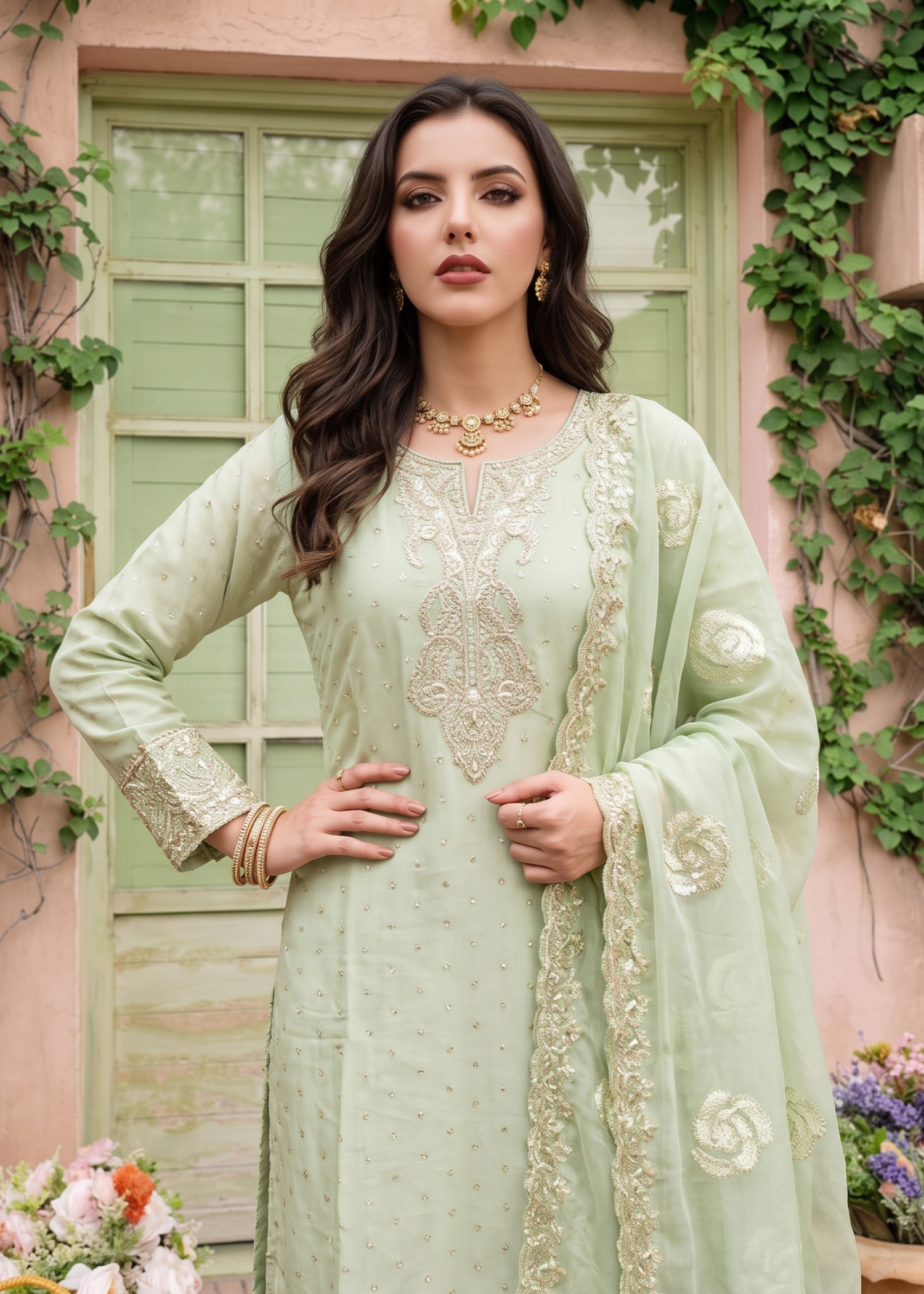 Embroidered Pistachio Green Chiffon Straight Kurta Salwar Suit Online in Dubai UAE Abudhabi Ajman Sharjah