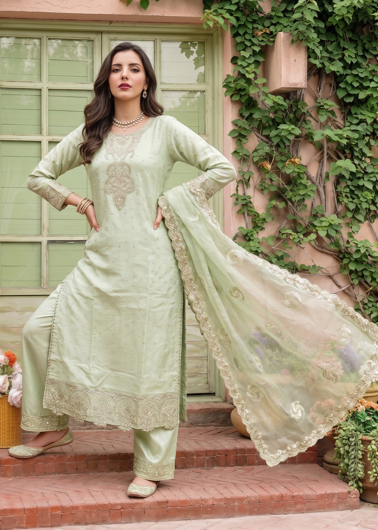 Embroidered Pistachio Green Chiffon Straight Kurta Suit Online in Dubai DXB UAE Abudhabi Meena Bazaar