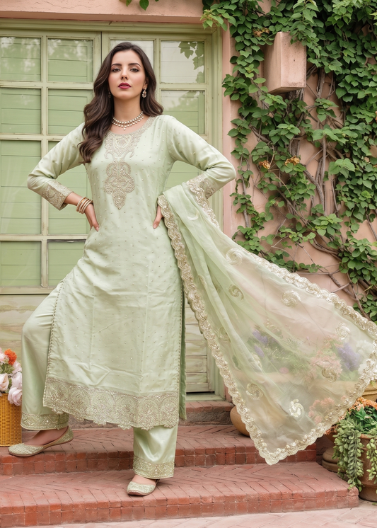 Embroidered Pistachio Green Chiffon Straight Kurta Suit Online in Dubai DXB UAE Abudhabi Meena Bazaar