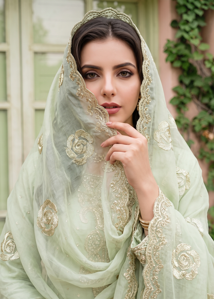 Embroidered Pistachio Green Chiffon Suit with Raw Silk Trouser Online in Dubai DXB UAE Abudhabi Meena Bazaar