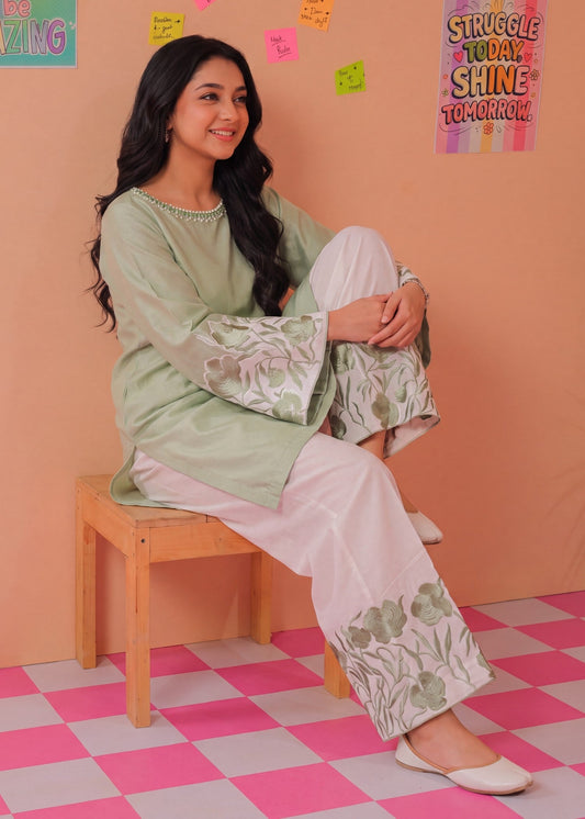 Embroidered Pistachio Green Cotton Suit Online in Dubai DXB UAE Abudhabi Meena Bazaar