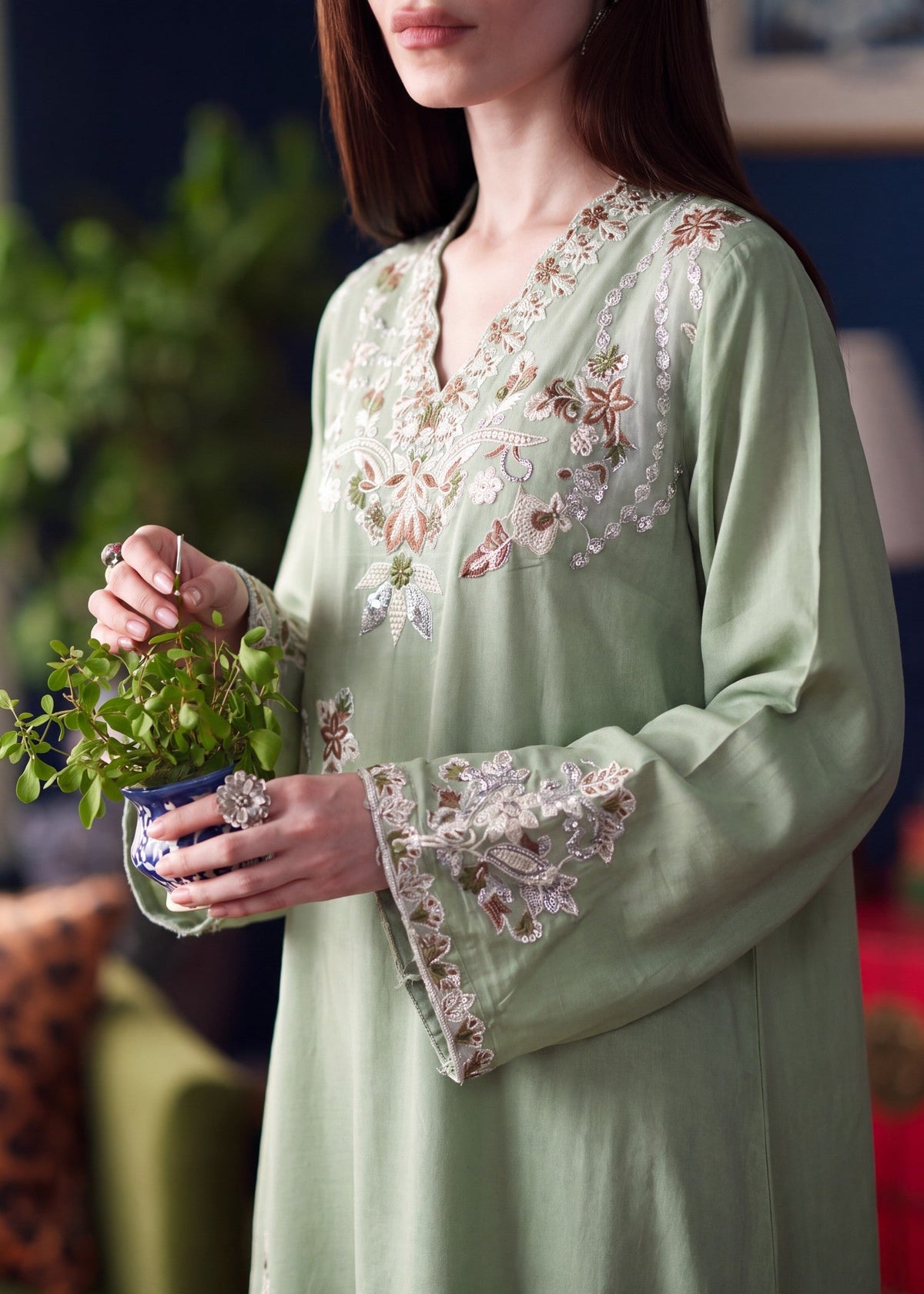 Embroidered Pistachio Green Kaftan Online in UK USA Canada