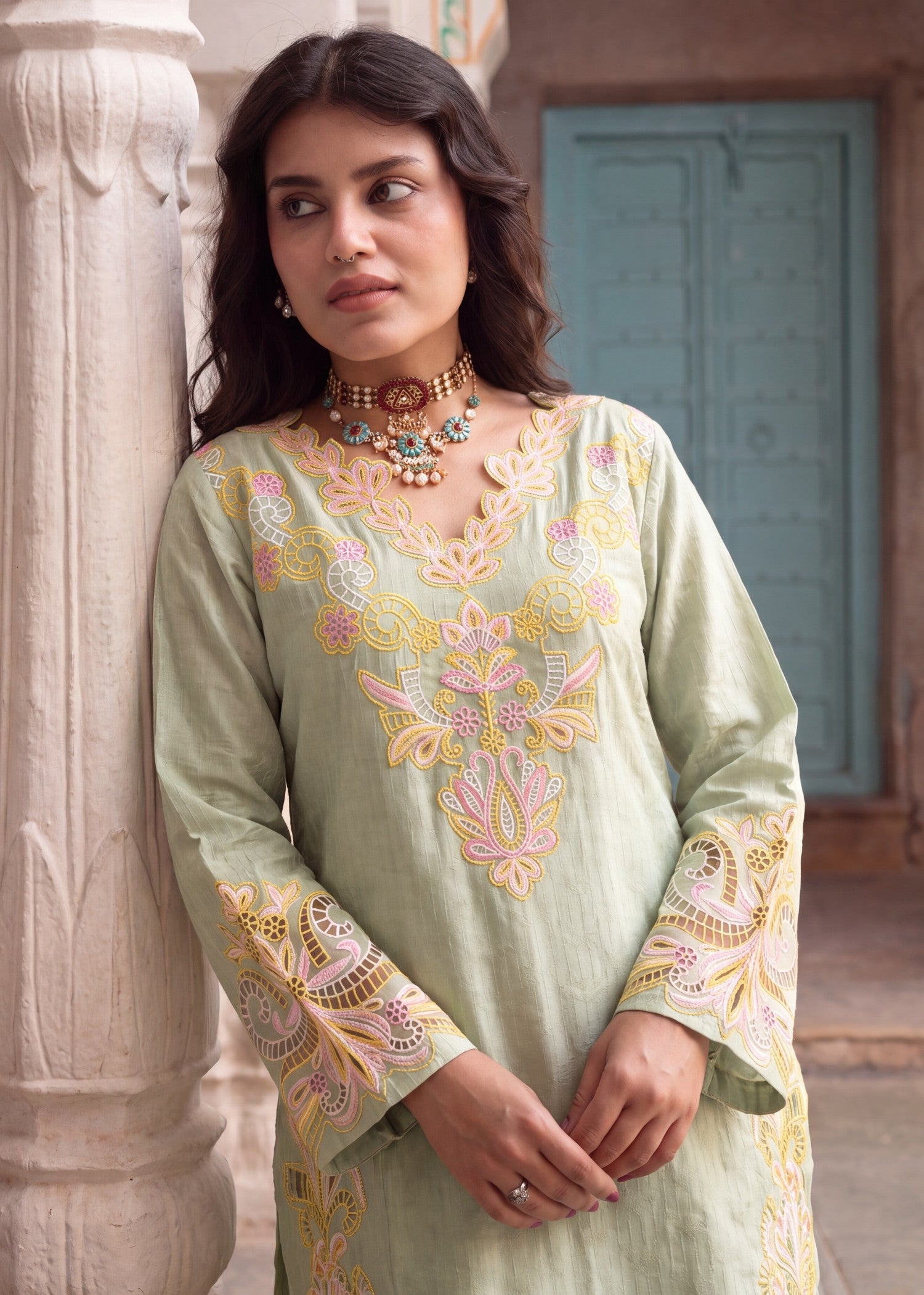 Embroidered Pistachio Green Pakistani Suit Online in Dubai DXB UAE Abudhabi Meena Bazaar