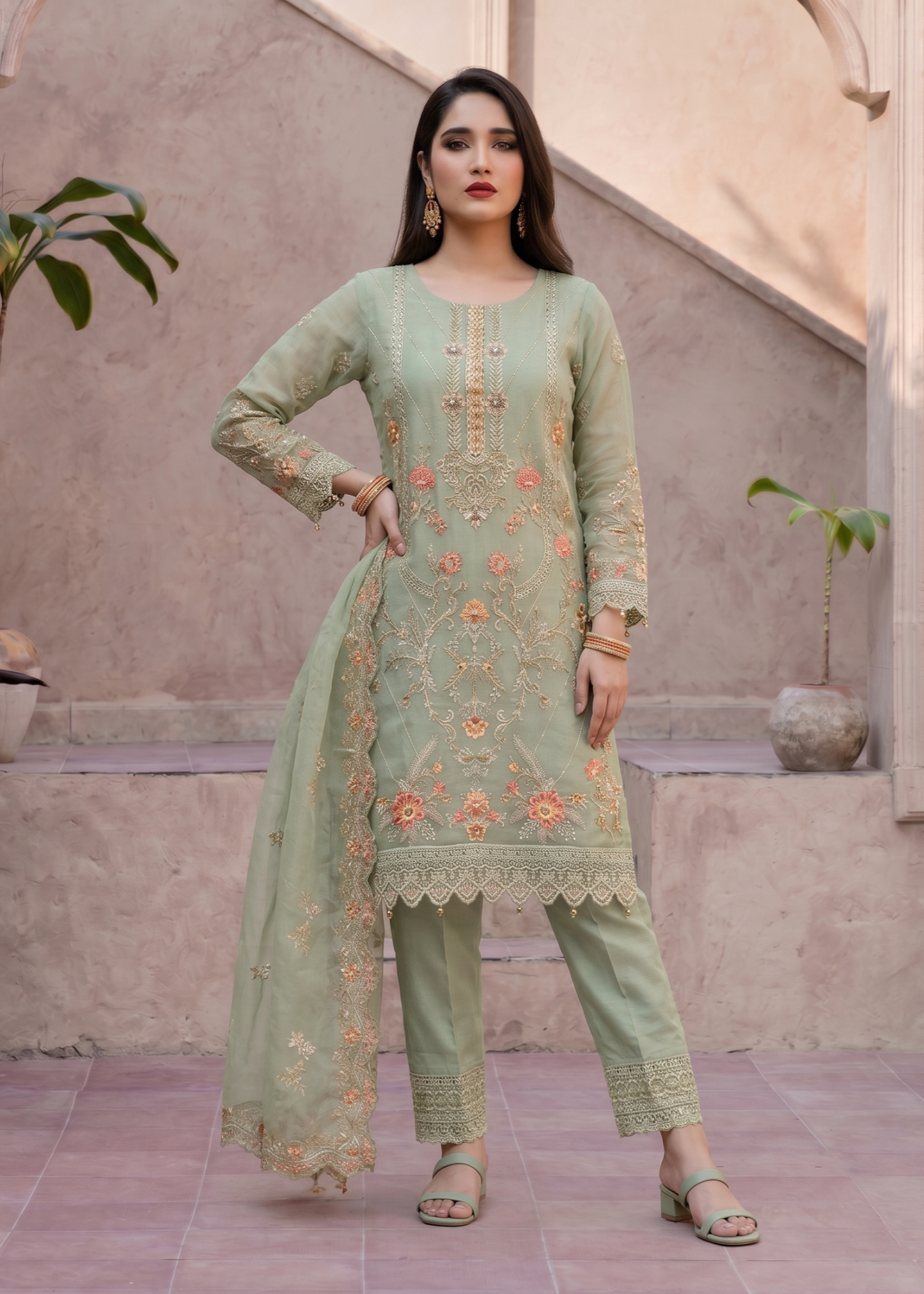 Embroidered Pistachio Organza Pakistani Designer Suit Online in KSA Riyadh Saudi Arabia Oman Bahrain Qatar