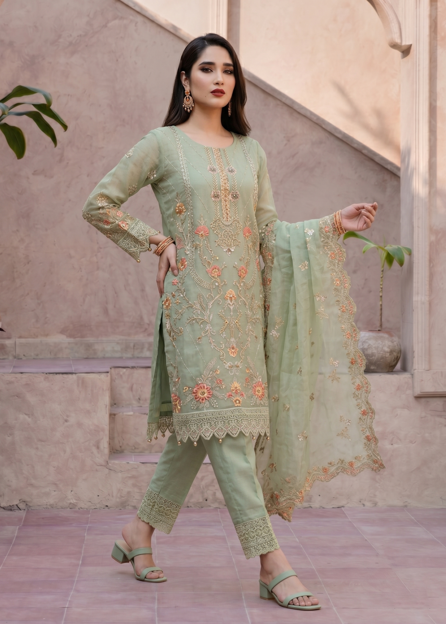 Embroidered Pistachio Organza Three Piece Suit Online in Dubai DXB UAE Abudhabi Meena Bazaar