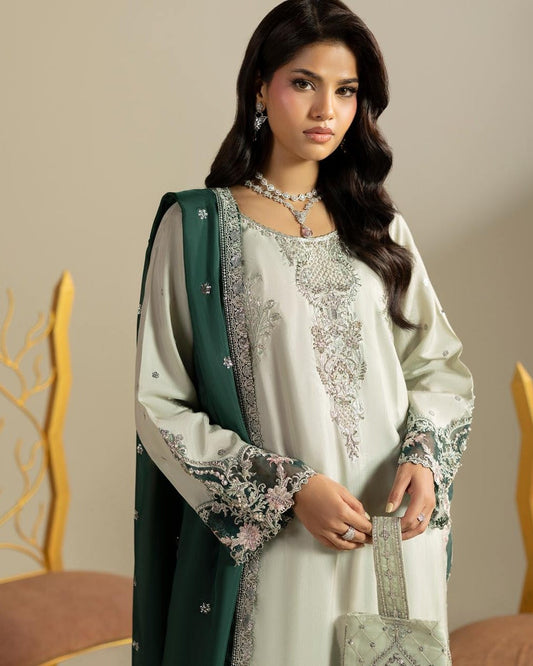 Embroidered Pistachio Raw Silk Salwar Kameez with Potli Bag Online in KSA Riyadh Saudi Arabia Oman Bahrain Qatar