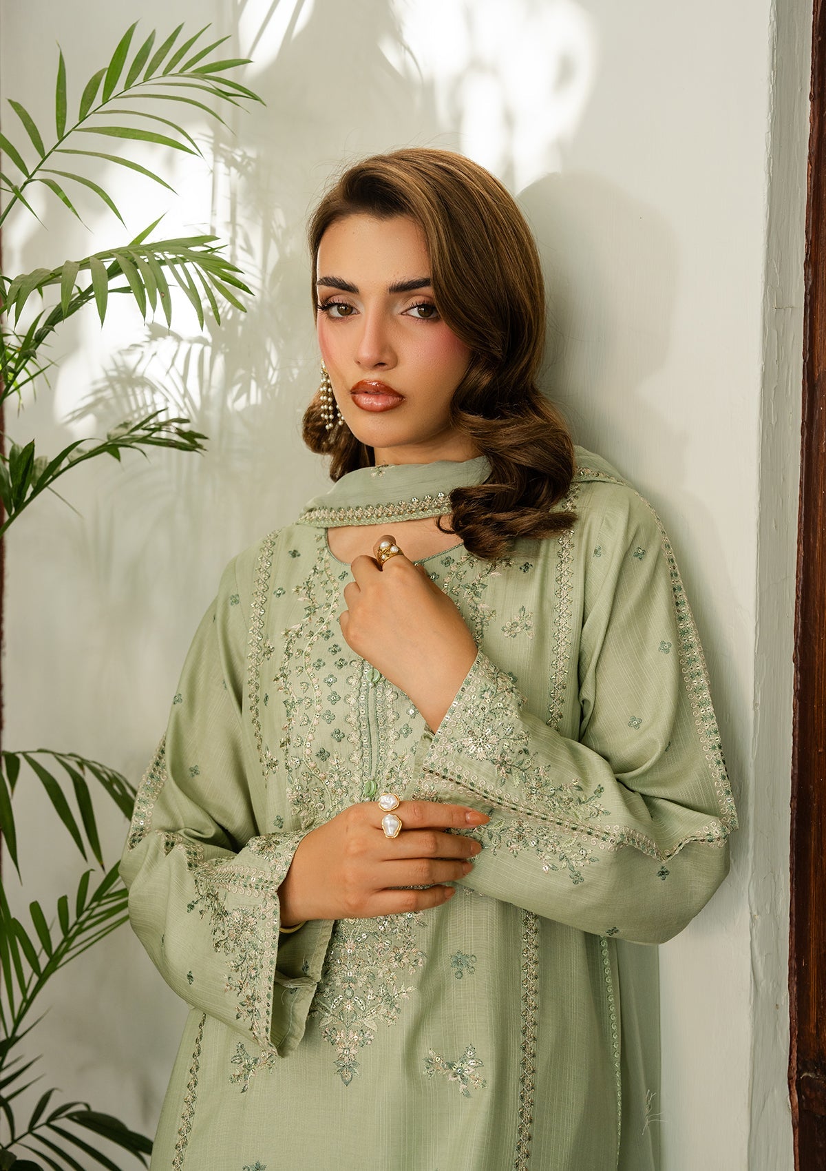 Embroidered Pistachio Viscose Salwar Kameez Online in KSA Riyadh Saudi Arabia Oman Bahrain Qatar
