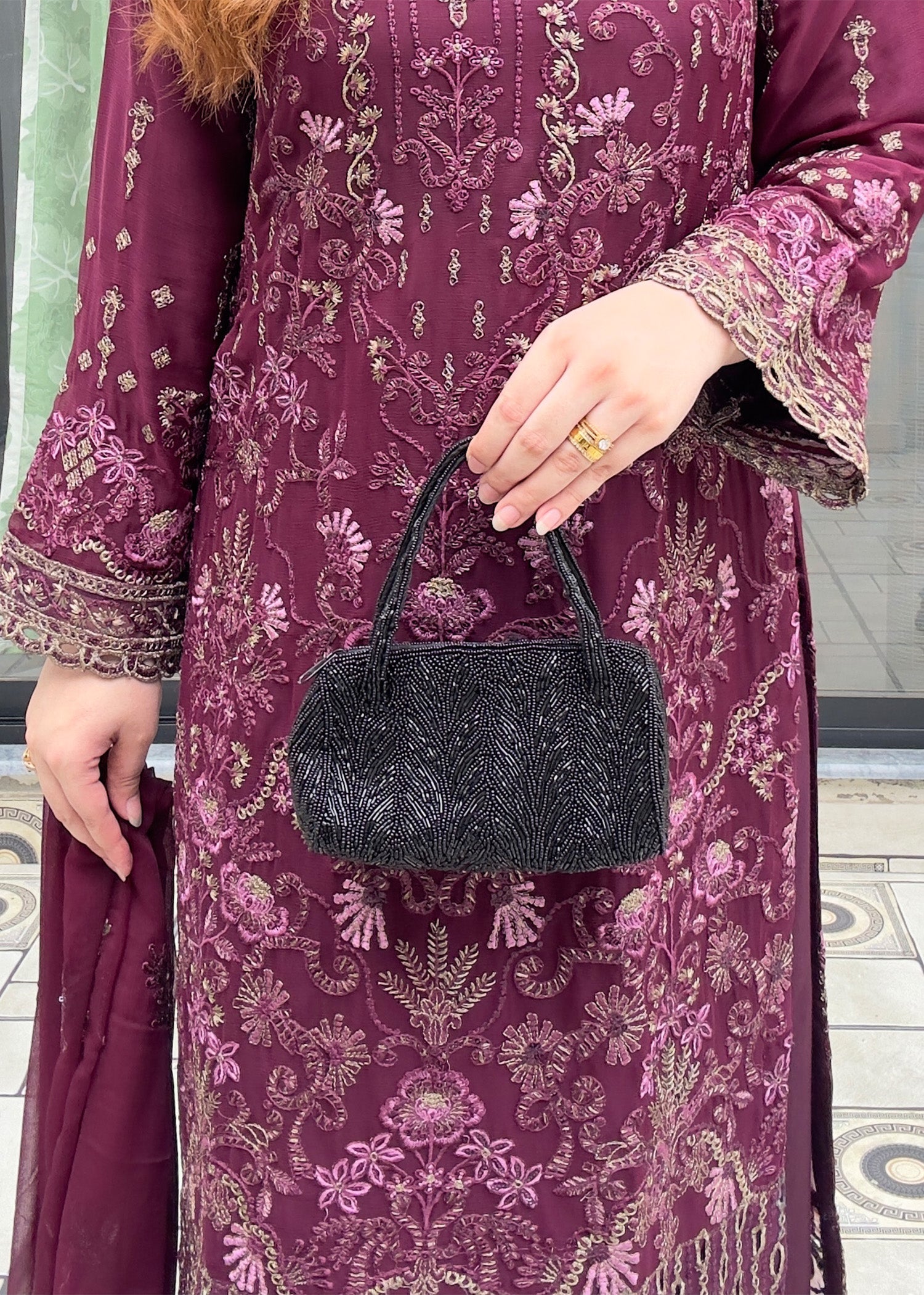 Embroidered Plum Chiffon Kurta Set Online in Sri Lanka India Australia
