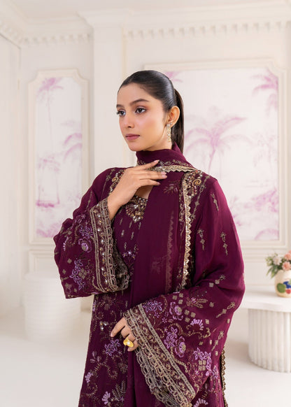 Embroidered Plum Georgette Chiffon Ladies Suit Online in UK USA Canada
