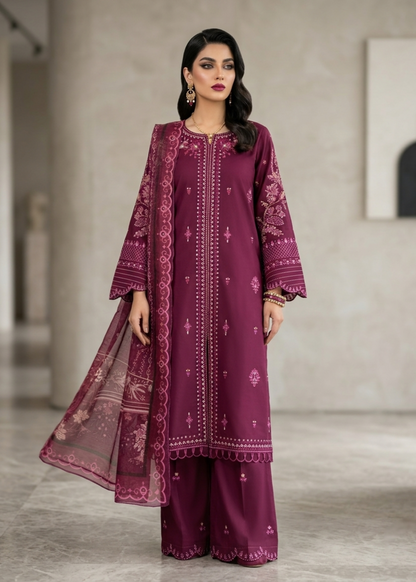 Embroidered Plum Lawn Salwar Kameez Online in KSA Riyadh Saudi Arabia Oman Bahrain Qatar