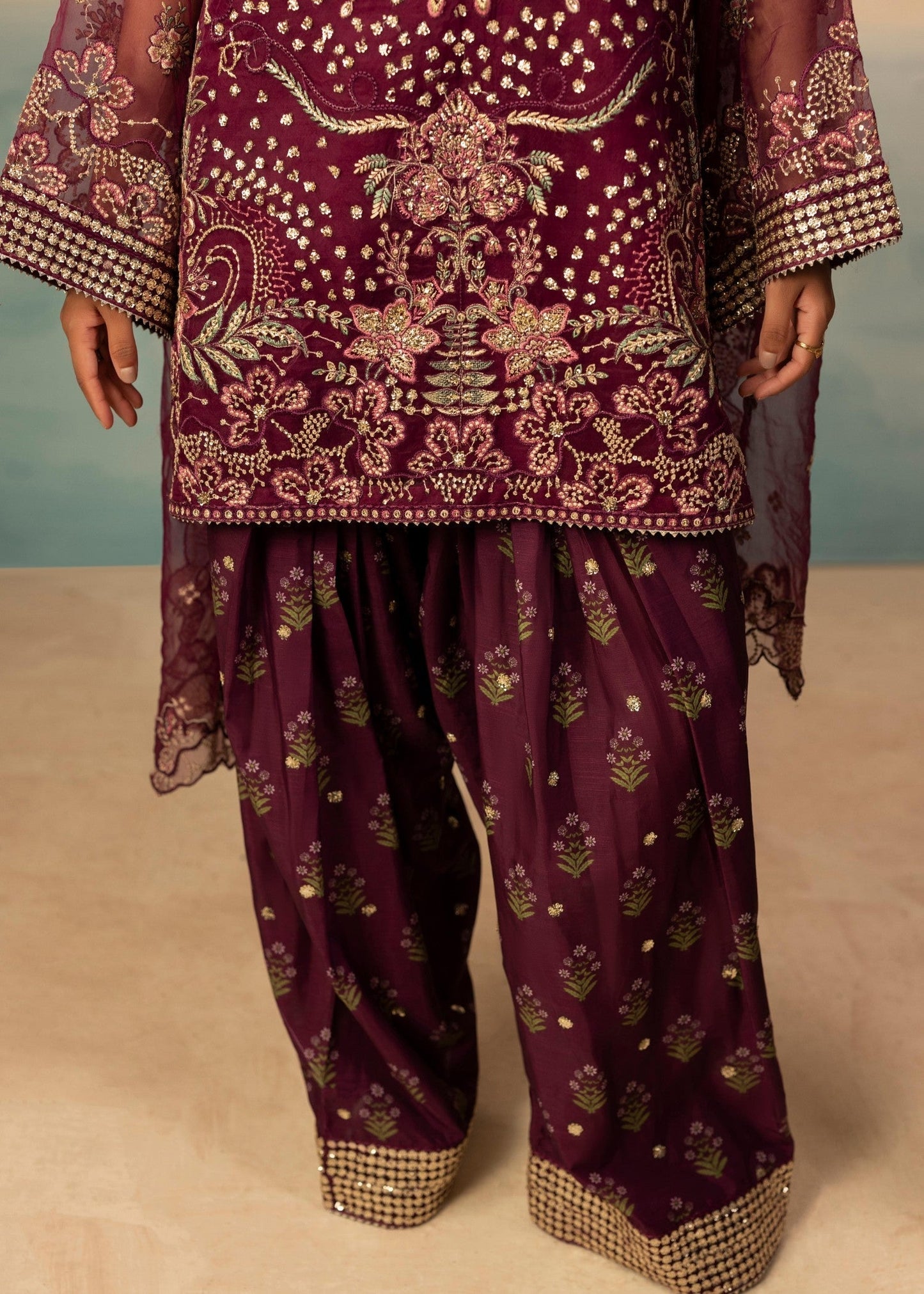 Embroidered Plum Organza Farshi Shalwar Dress Online in Dubai DXB UAE Abudhabi Meena Bazaar