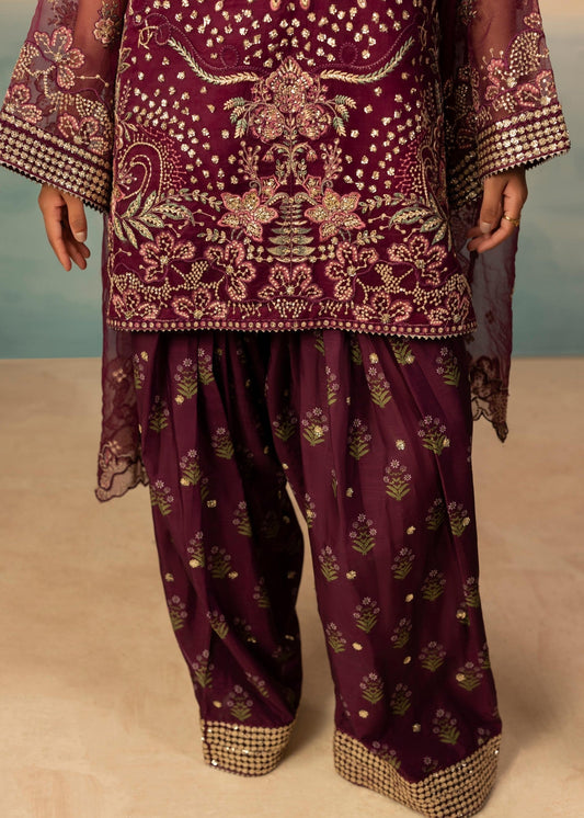 Embroidered Plum Organza Farshi Shalwar Dress Online in Dubai DXB UAE Abudhabi Meena Bazaar