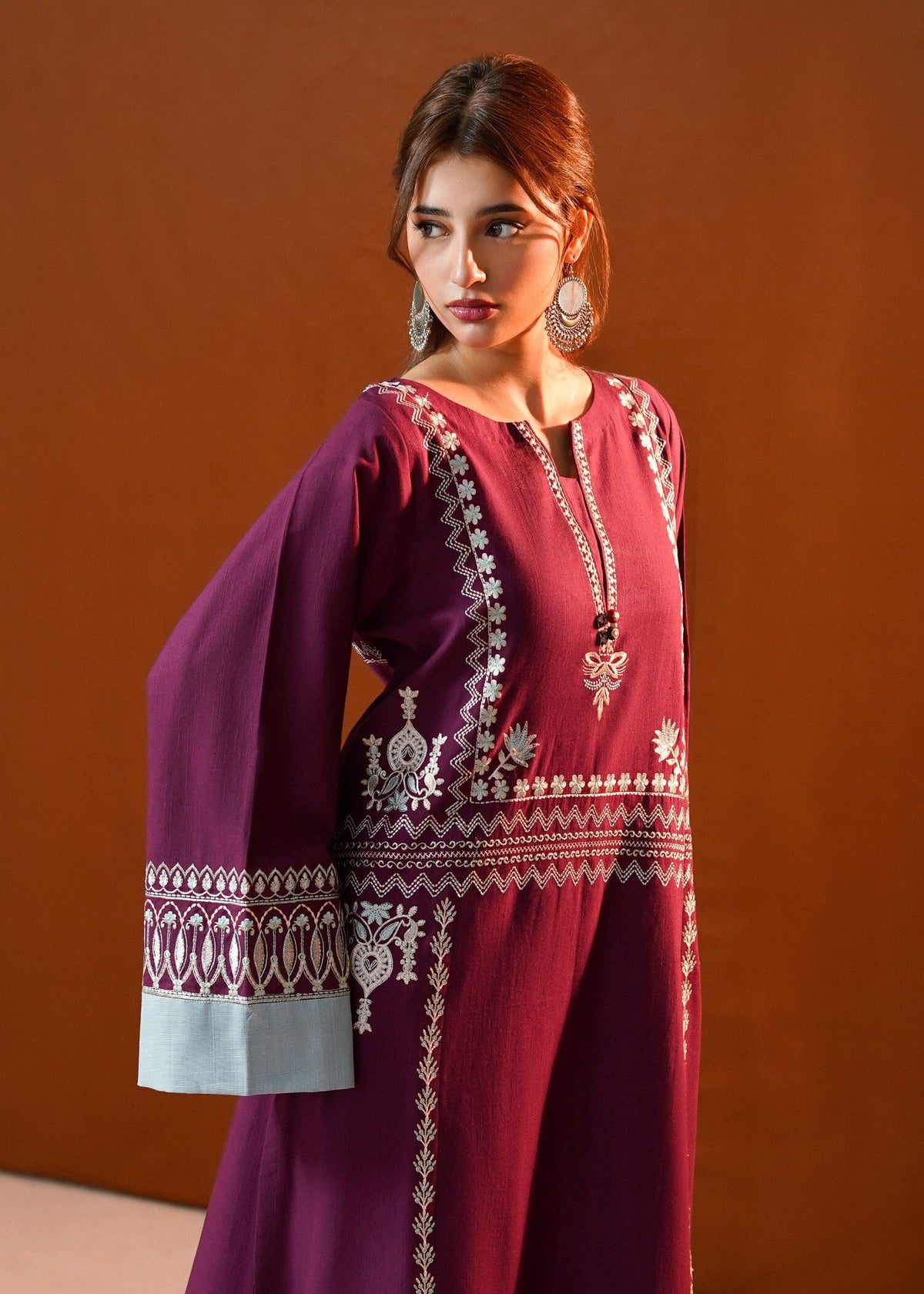 Embroidered Plum Slub Khaddar Kaftan for Women Online in UK USA Canada